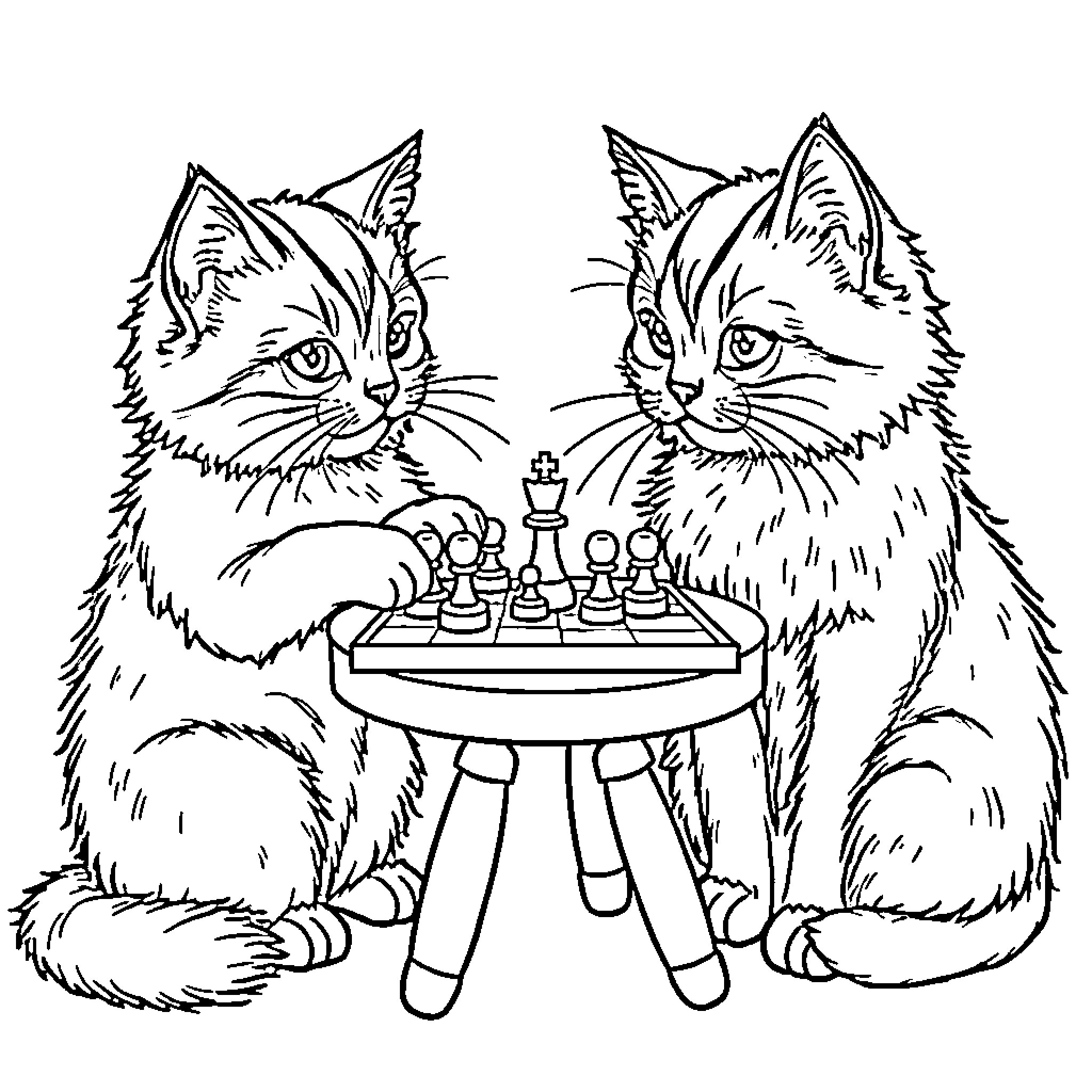 Cats playing chess on a table Coloring Page (free black-and-white line drawing printable PDF for all, from beginners to advanced learners, including children, teens, adults, and seniors)