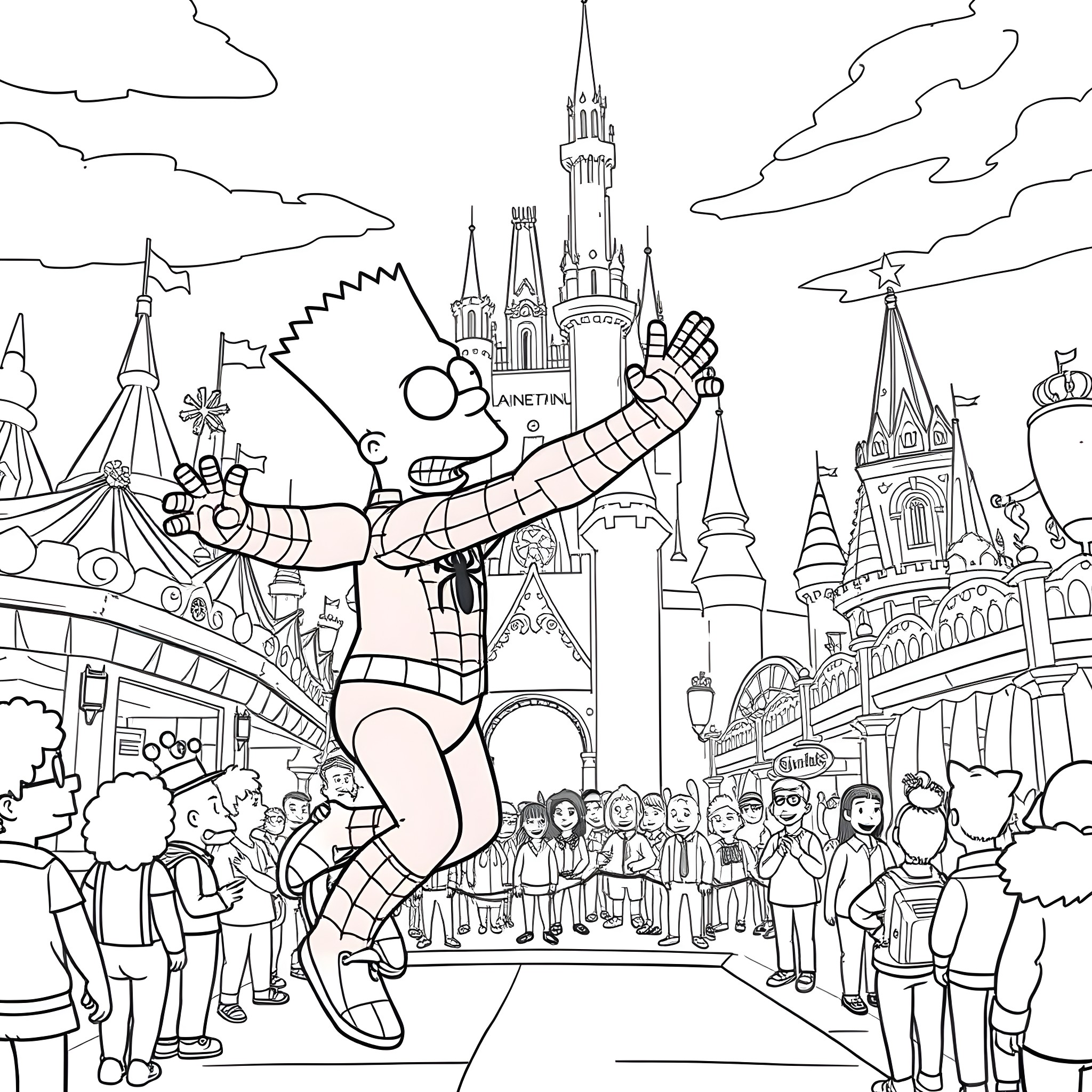 Bart Simpson enjoying the sights at a fantasy theme park Coloring Page (free black-and-white line drawing printable PDF for all, from beginners to advanced learners, including children, teens, adults, and seniors)