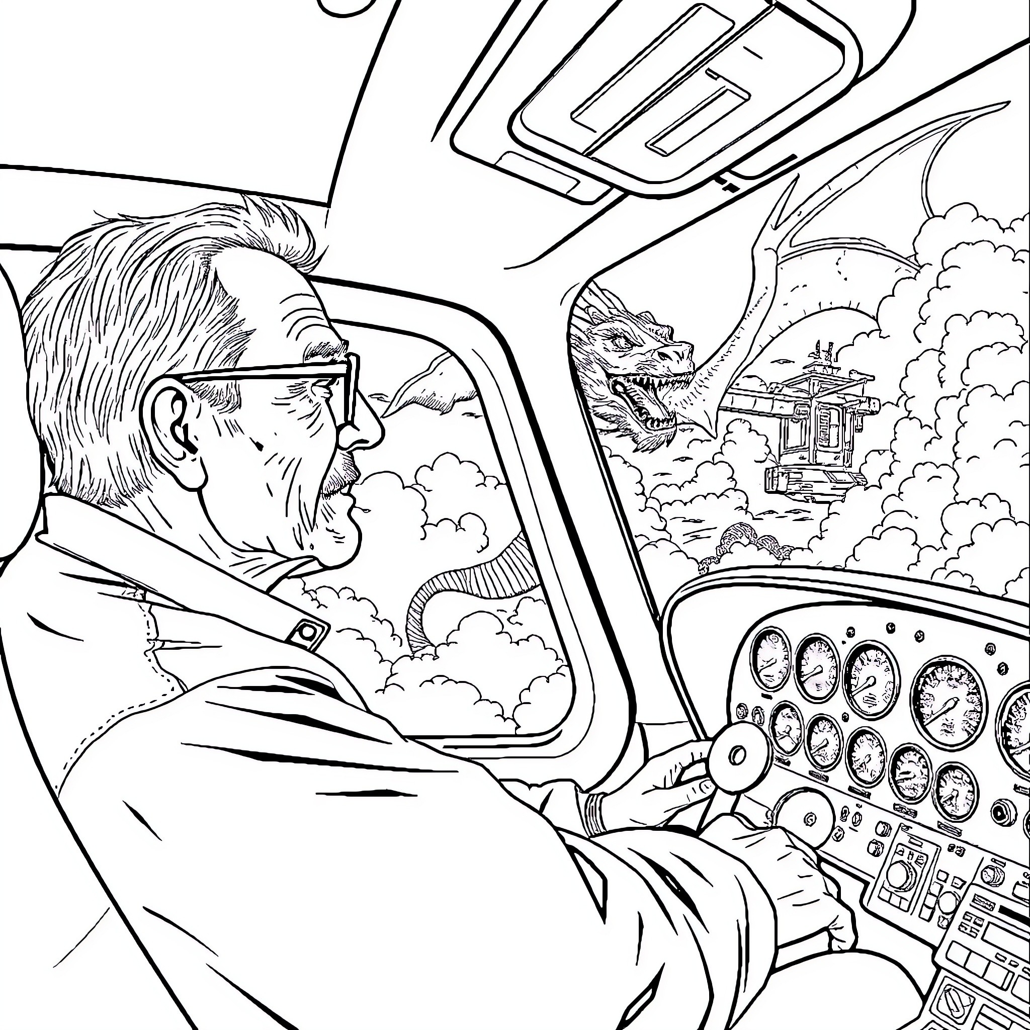Helicopter pilot navigates through clouds Coloring Page (free black-and-white line drawing printable PDF for all, from beginners to advanced learners, including children, teens, adults, and seniors)