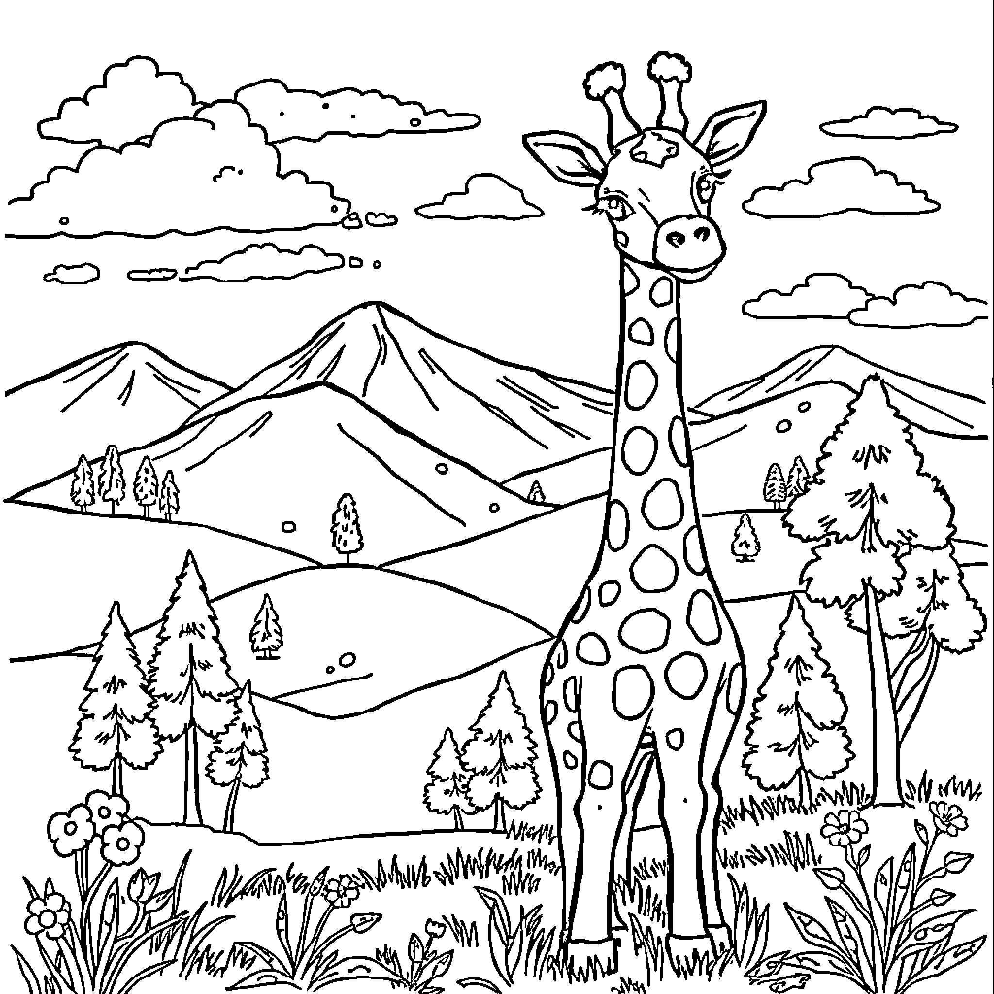Giraffe standing calmly in a scenic mountain landscape Coloring Page (free black-and-white line drawing printable PDF for all, from beginners to advanced learners, including children, teens, adults, and seniors)