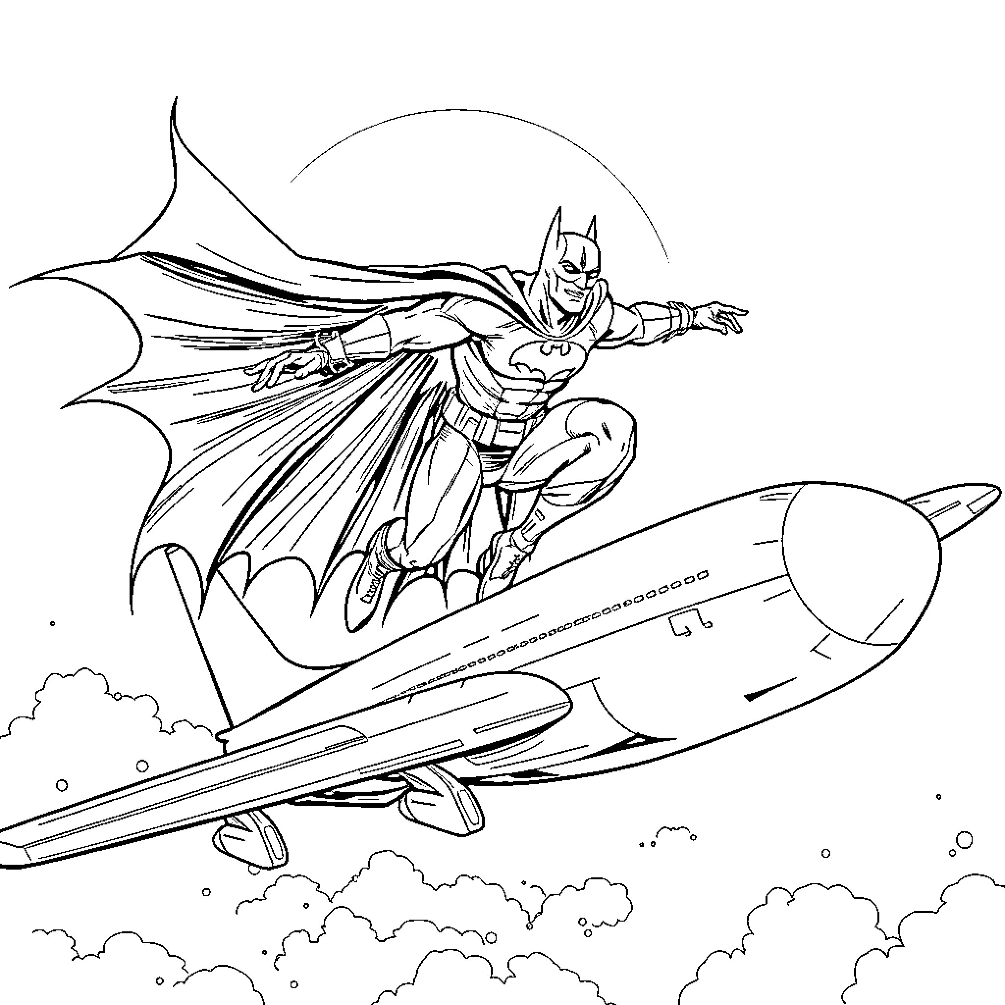 Batman soaring through the sky on a rocket Coloring Page (free black-and-white line drawing printable PDF for all, from beginners to advanced learners, including children, teens, adults, and seniors)