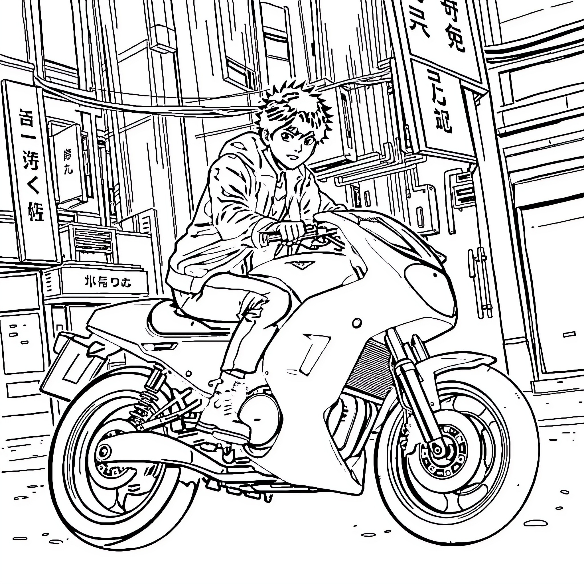 Kaneda rides his motorcycle through the city streets Coloring Page (free black-and-white line drawing printable PDF for all, from beginners to advanced learners, including children, teens, adults, and seniors)