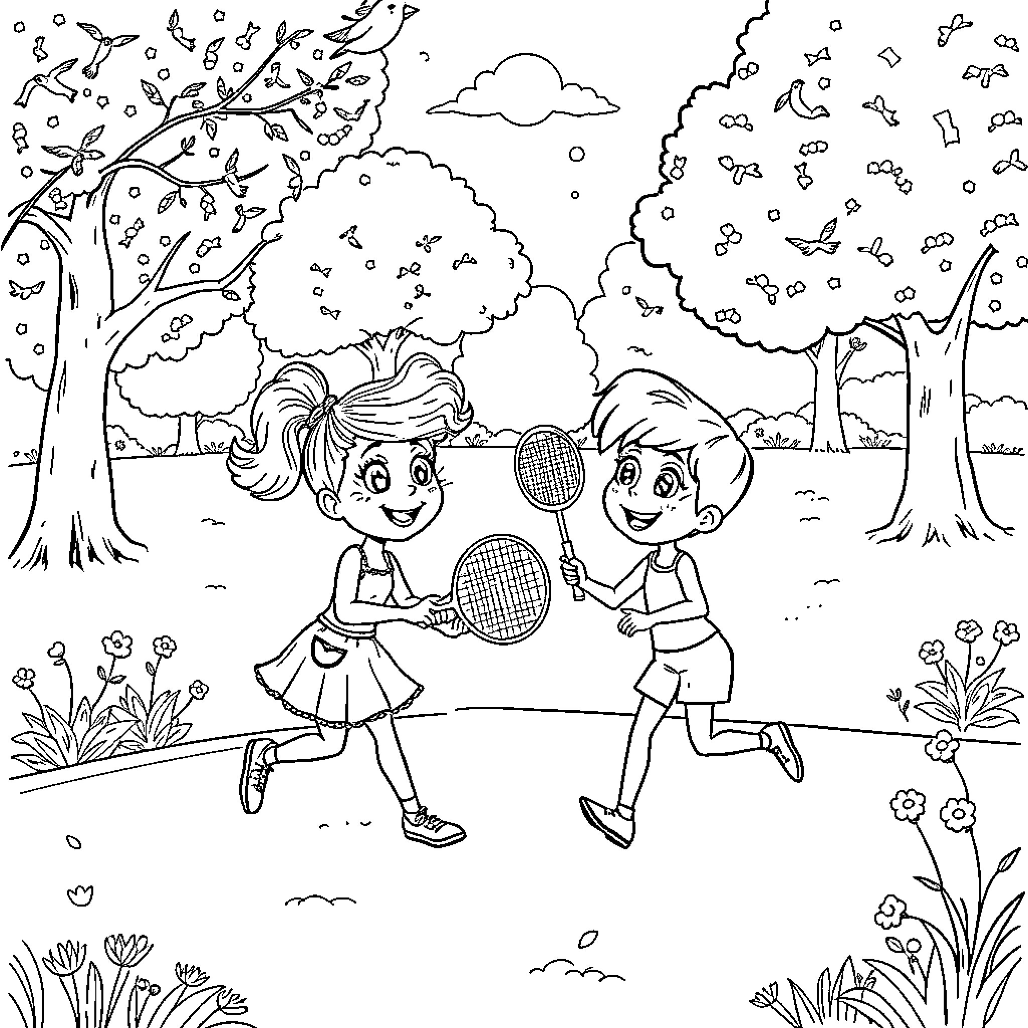 Gabby and Friend Playing Tennis in Nature Coloring Page (free black-and-white line drawing printable PDF for all, from beginners to advanced learners, including children, teens, adults, and seniors)