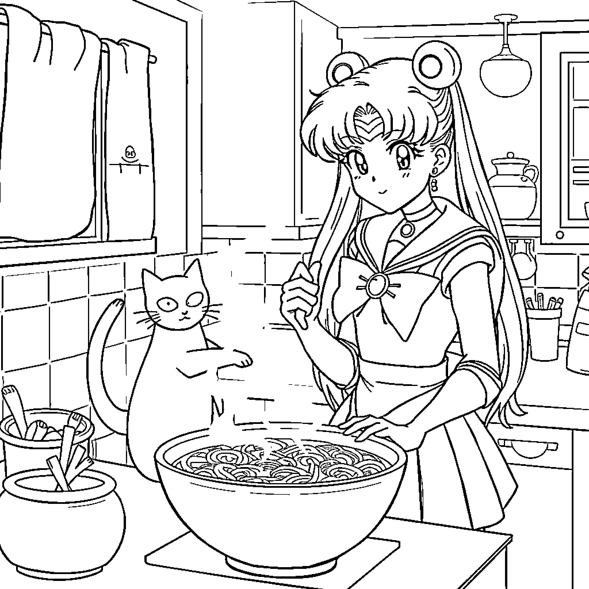 Sailor Moon cooking in the kitchen with her cat Coloring Page (free black-and-white line drawing printable PDF for all, from beginners to advanced learners, including children, teens, adults, and seniors)