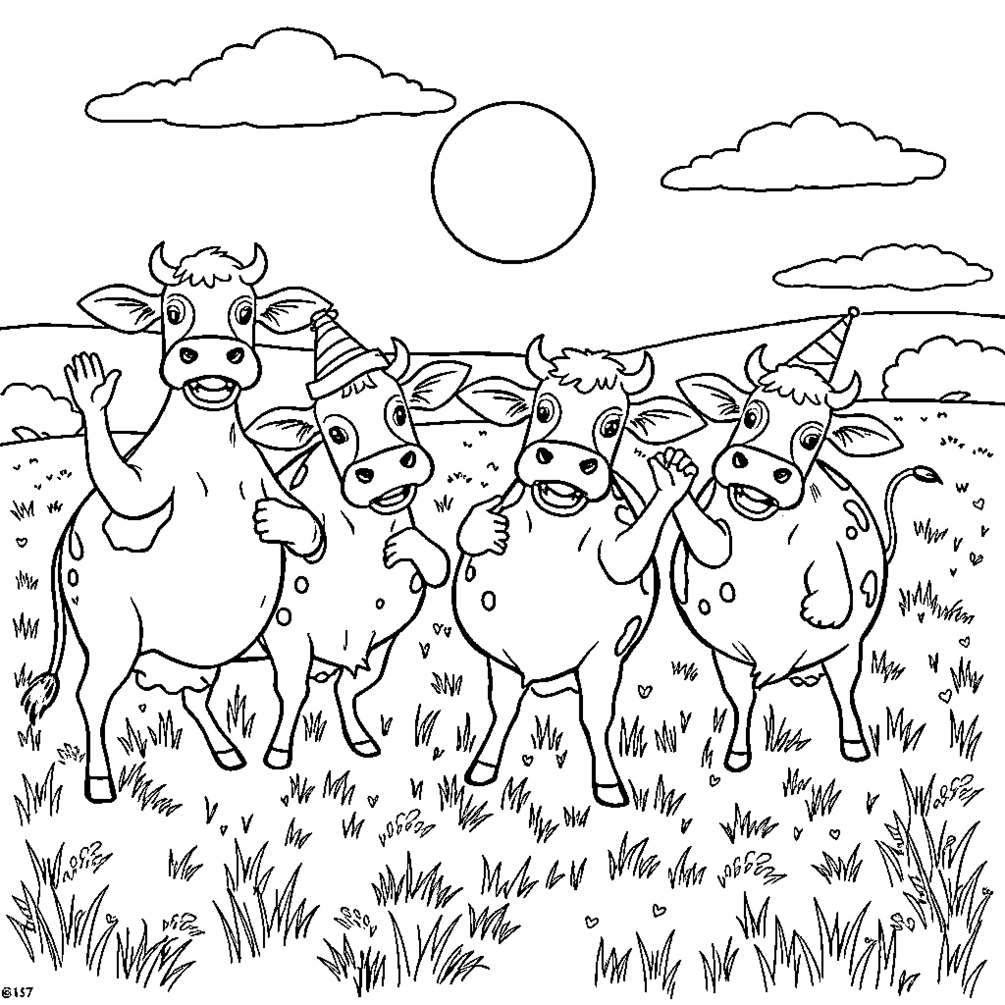 Cow herd playing joyfully in the meadow Coloring Page (free black-and-white line drawing printable PDF for all, from beginners to advanced learners, including children, teens, adults, and seniors)