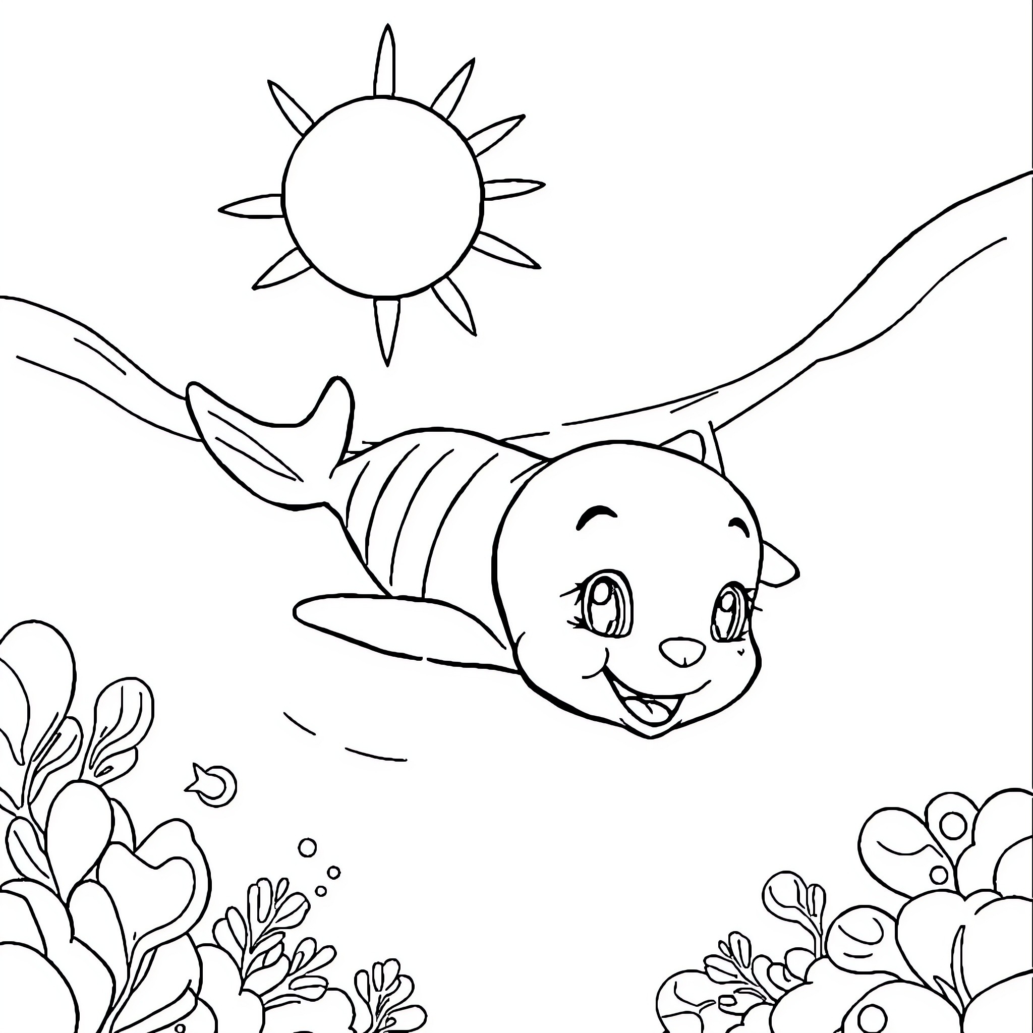 Gabby the Happy Fish Exploring the Underwater World Coloring Page (free black-and-white line drawing printable PDF for all, from beginners to advanced learners, including children, teens, adults, and seniors)