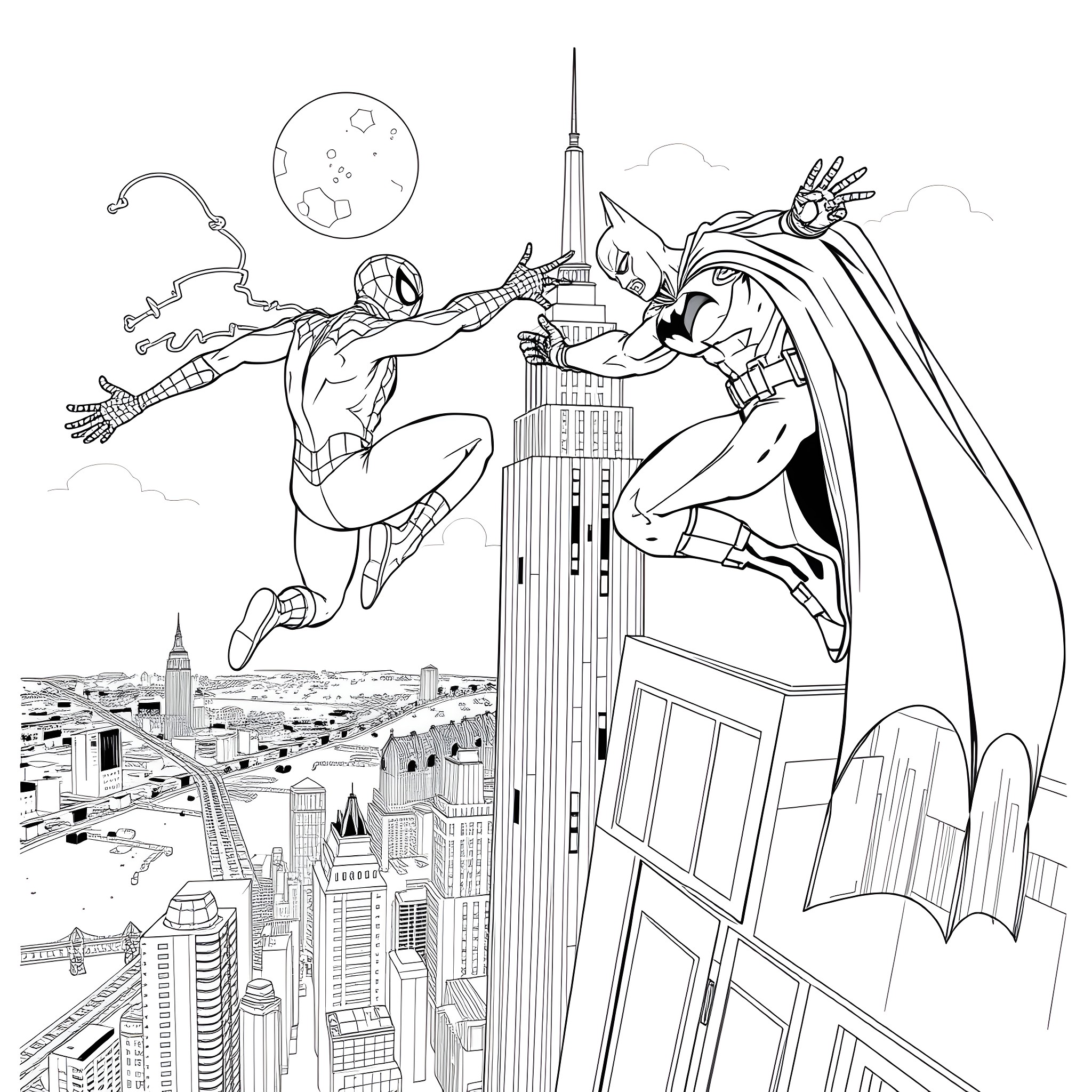 Spiderman and Batman battling over New York City Coloring Page (free black-and-white line drawing printable PDF for all, from beginners to advanced learners, including children, teens, adults, and seniors)