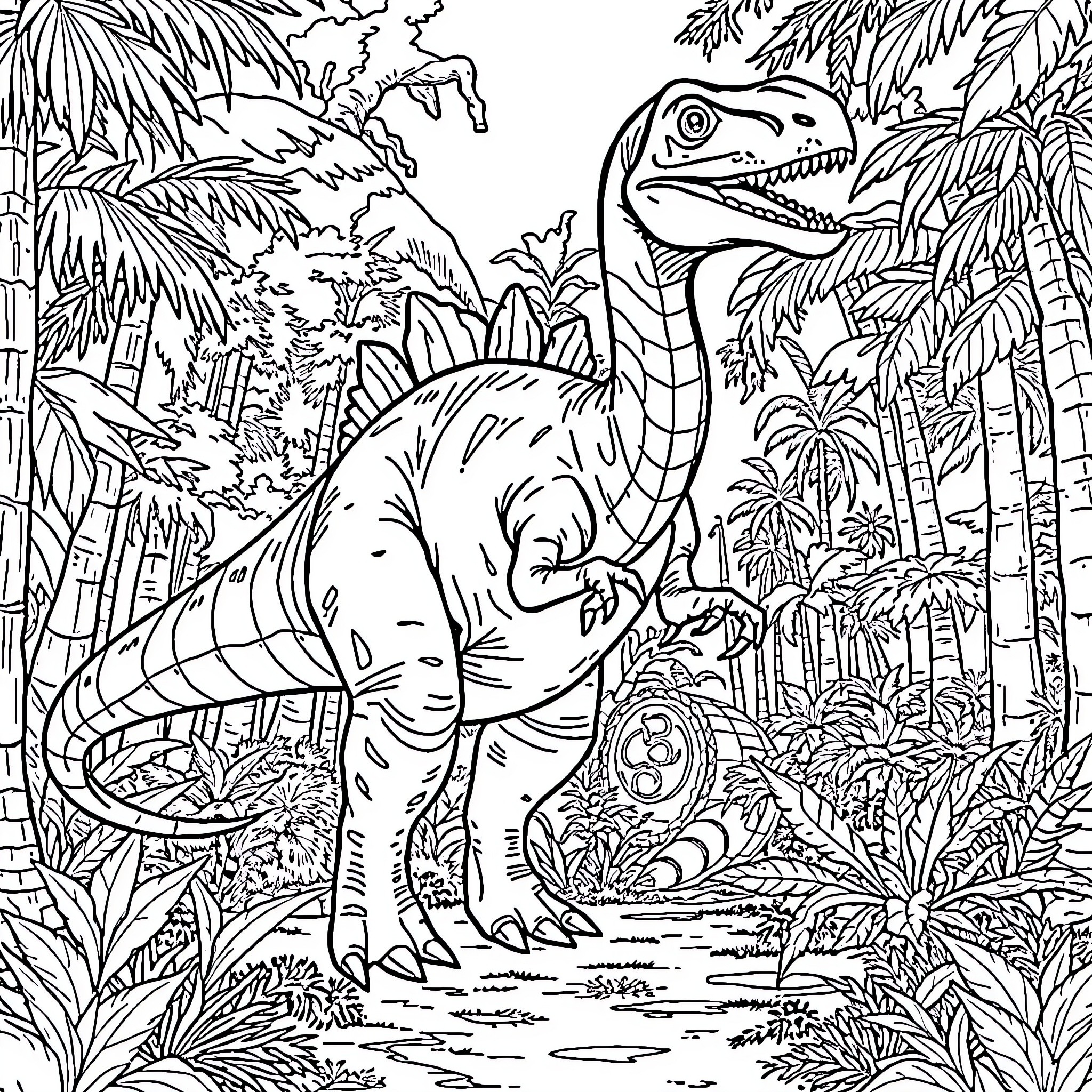 Therizinosaurus exploring the prehistoric jungle Coloring Page (free black-and-white line drawing printable PDF for all, from beginners to advanced learners, including children, teens, adults, and seniors)