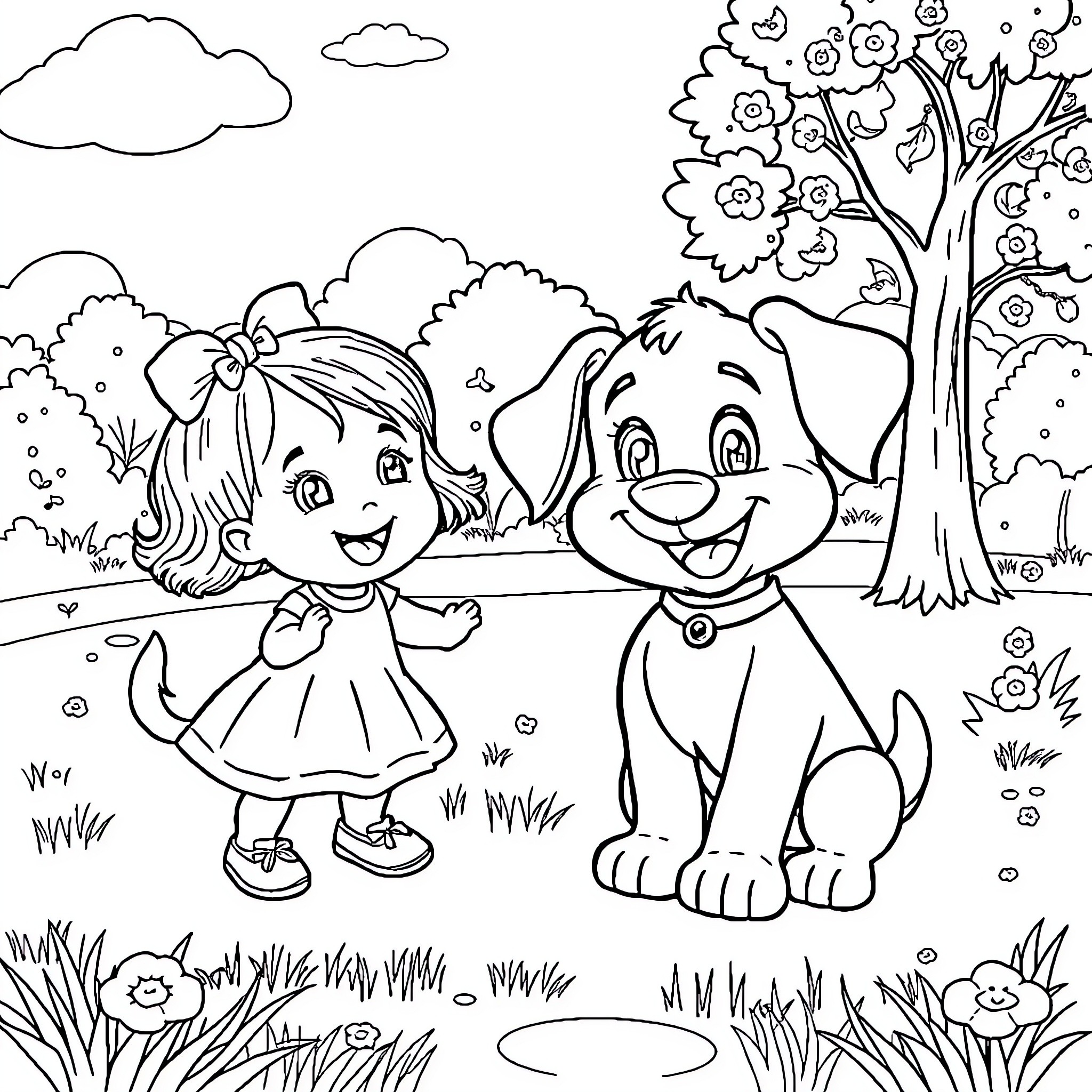 Bluey's Outdoor Adventure with Pup Coloring Page (free black-and-white line drawing printable PDF for all, from beginners to advanced learners, including children, teens, adults, and seniors)