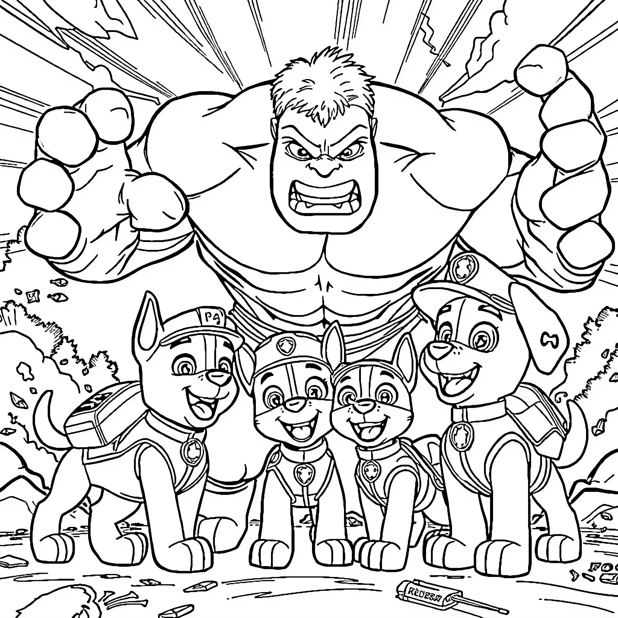 Paw Patrol Team Assisting Mighty Hulk-Like Hero Coloring Page (free black-and-white line drawing printable PDF for all, from beginners to advanced learners, including children, teens, adults, and seniors)