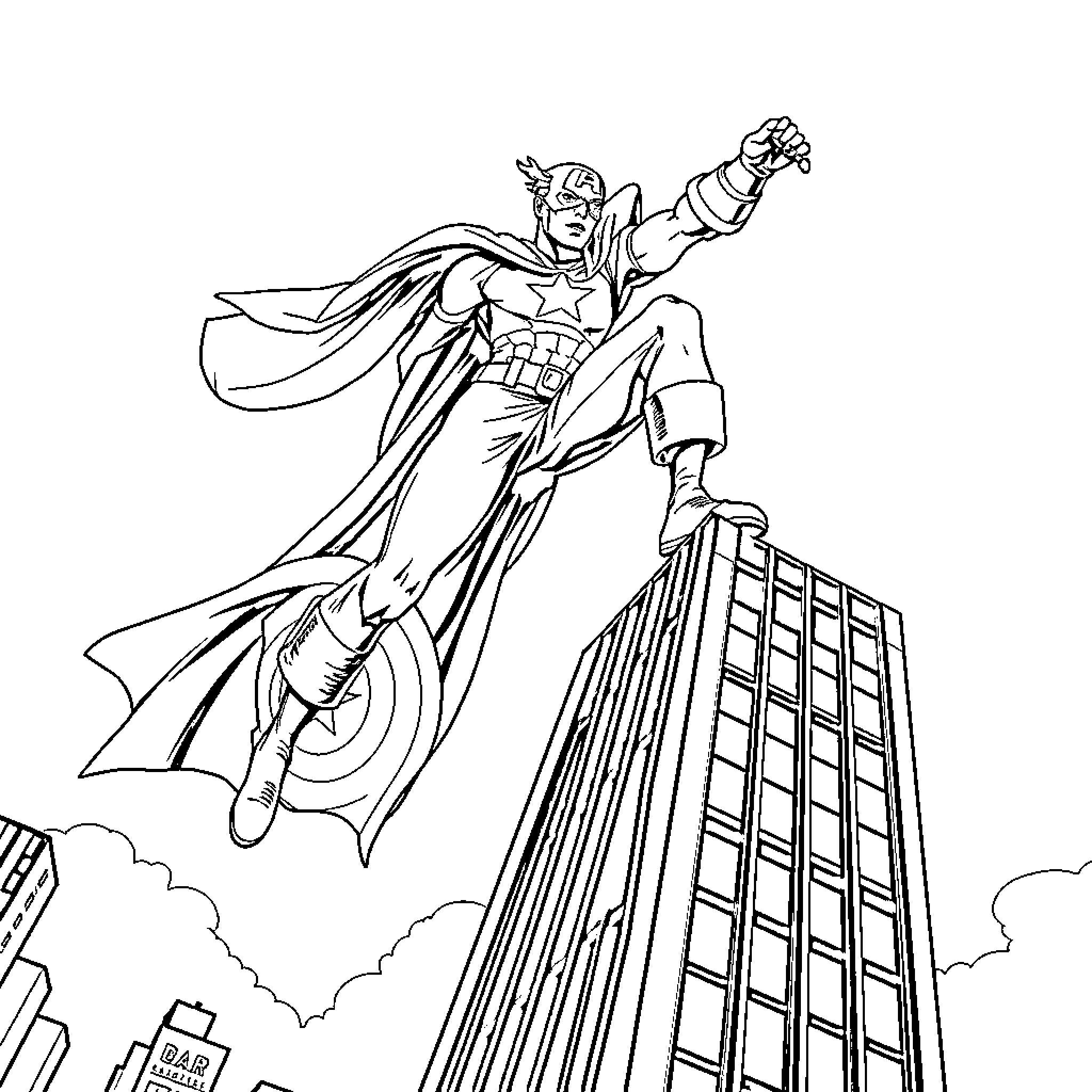 Captain America Heroically Soaring Over Cityscape Coloring Page (free black-and-white line drawing printable PDF for all, from beginners to advanced learners, including children, teens, adults, and seniors)