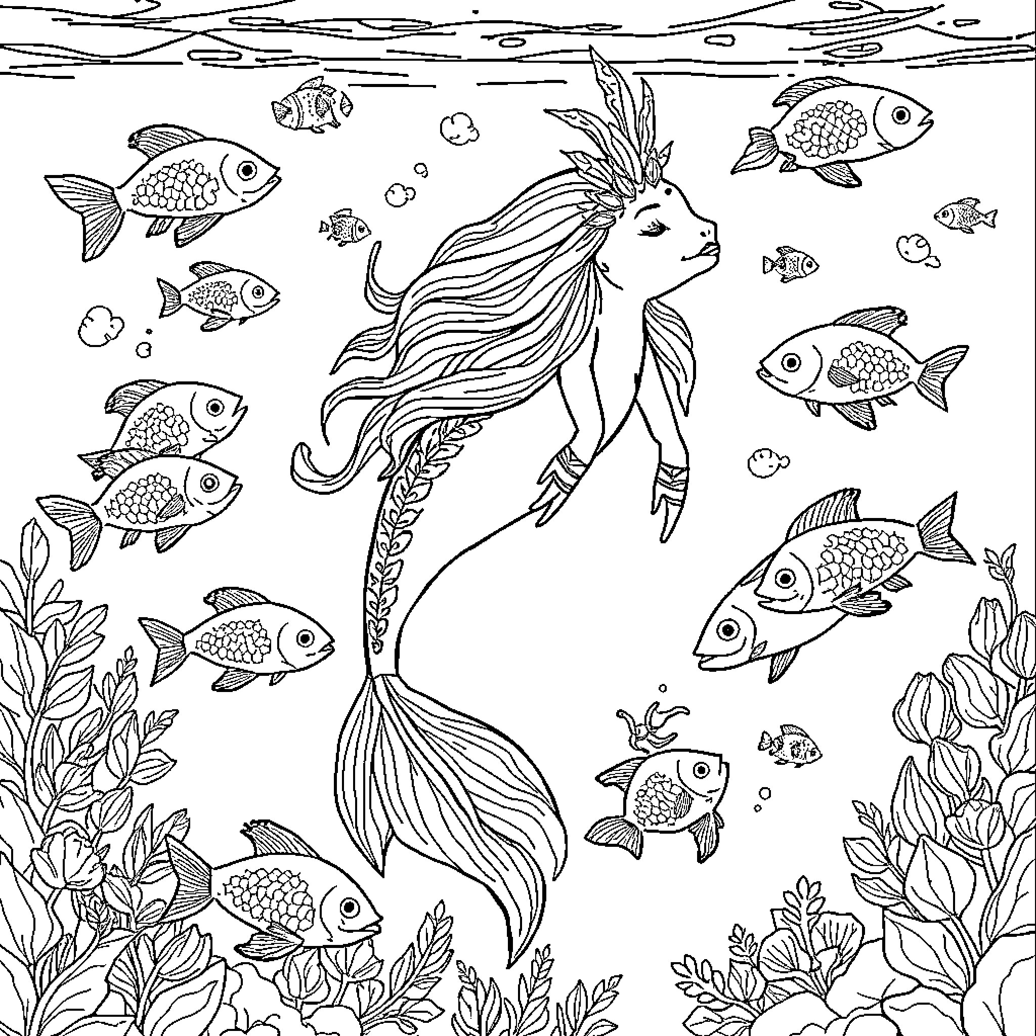 Sirène swimming gracefully among marine life Coloring Page (free black-and-white line drawing printable PDF for all, from beginners to advanced learners, including children, teens, adults, and seniors)