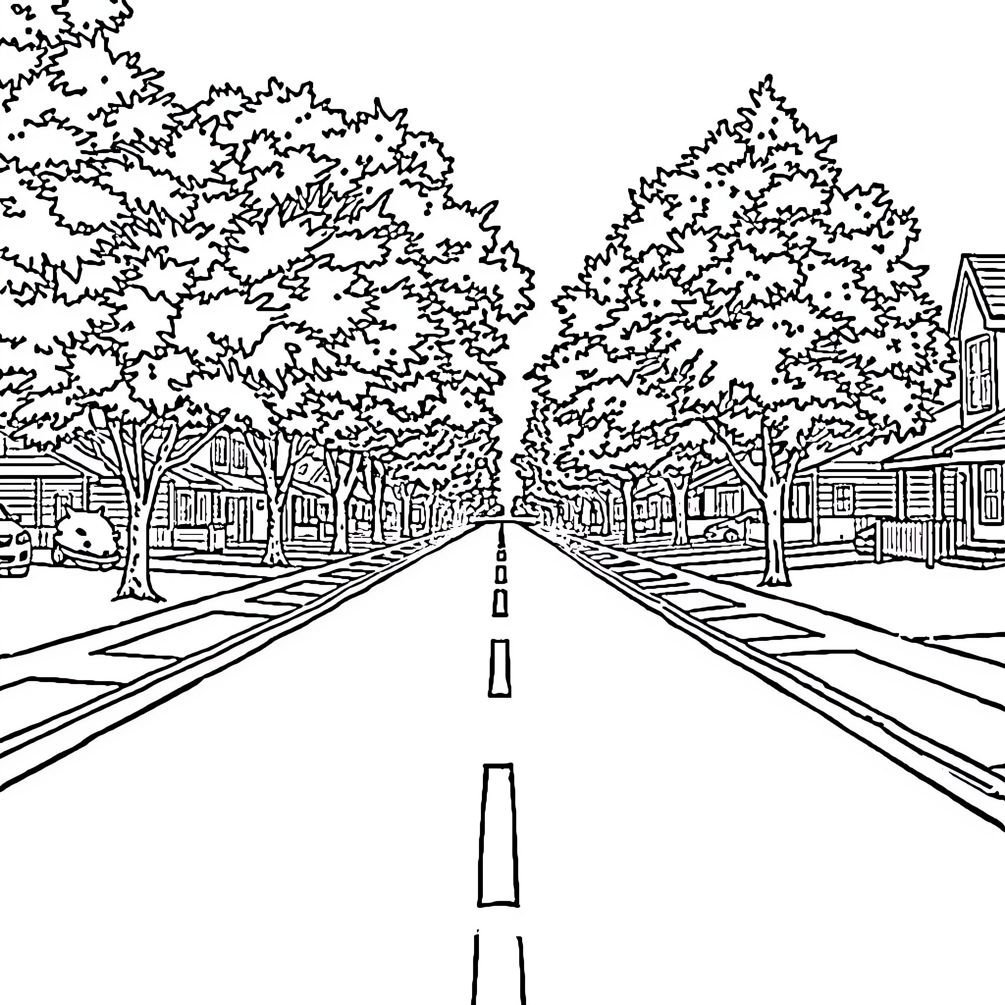 Michigan scenic town with trees and buildings Coloring Page (free black-and-white line drawing printable PDF for all, from beginners to advanced learners, including children, teens, adults, and seniors)