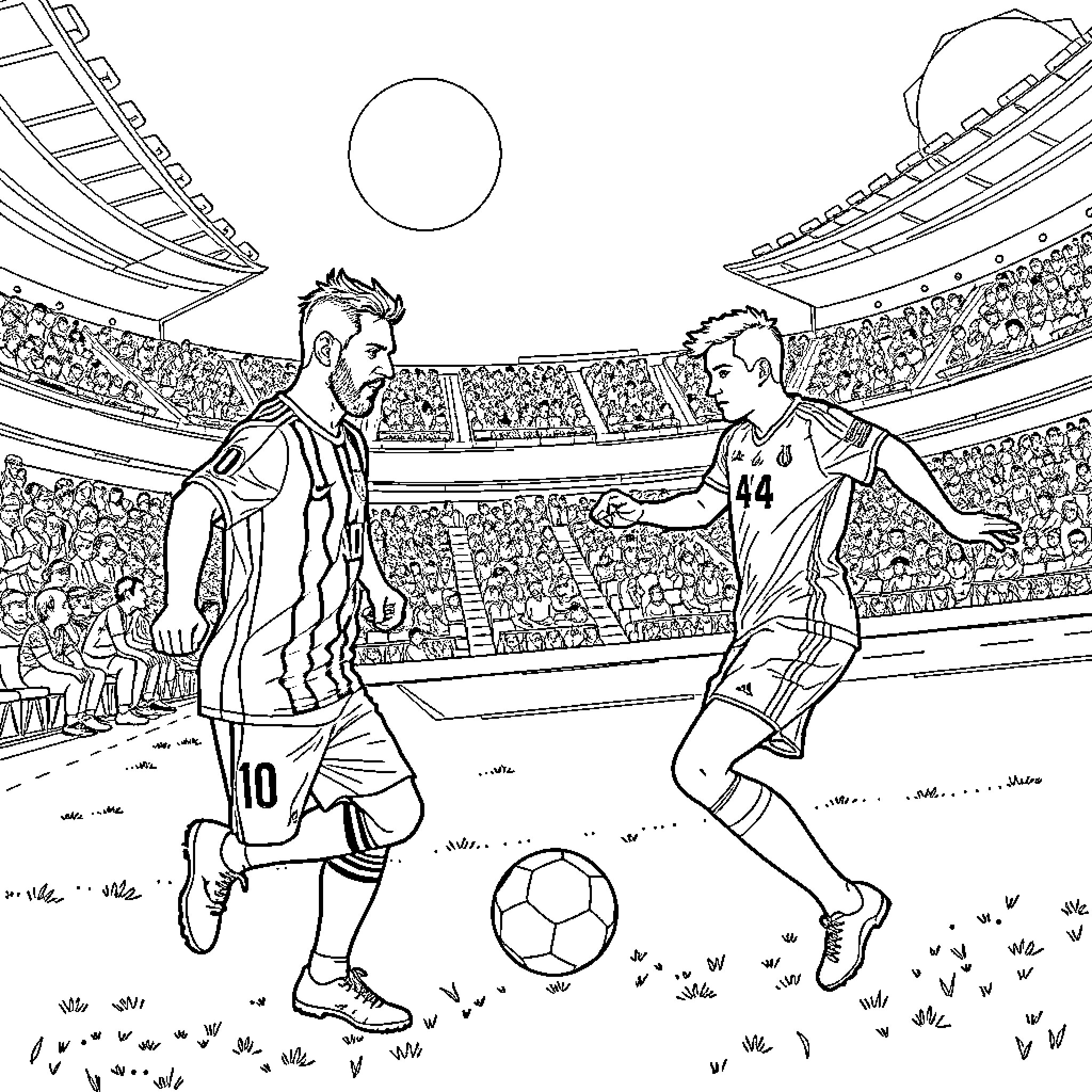 Messi confronting opponent on soccer field Coloring Page (free black-and-white line drawing printable PDF for all, from beginners to advanced learners, including children, teens, adults, and seniors)