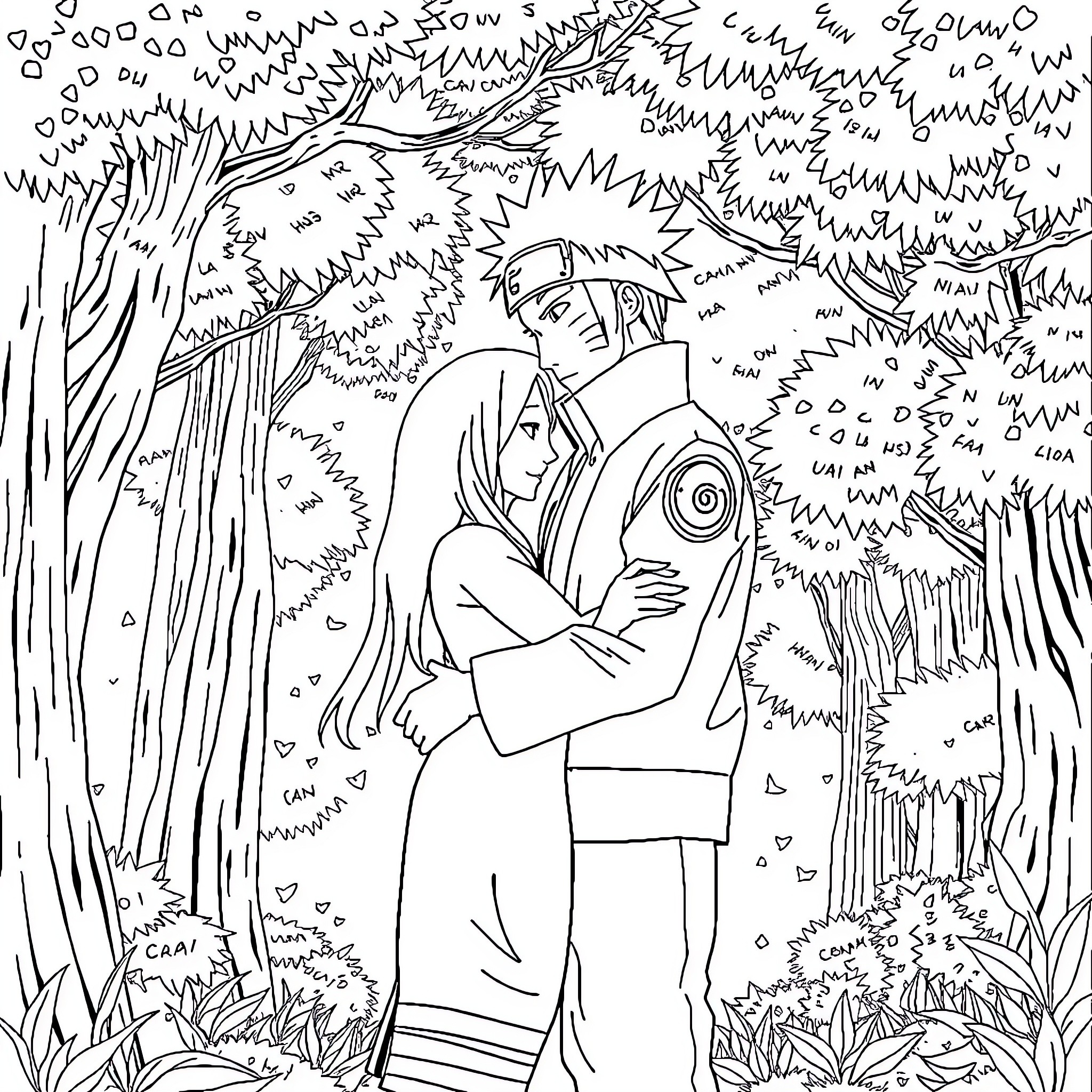 Naruto Couple Embracing Amidst Nature Coloring Page (free black-and-white line drawing printable PDF for all, from beginners to advanced learners, including children, teens, adults, and seniors)