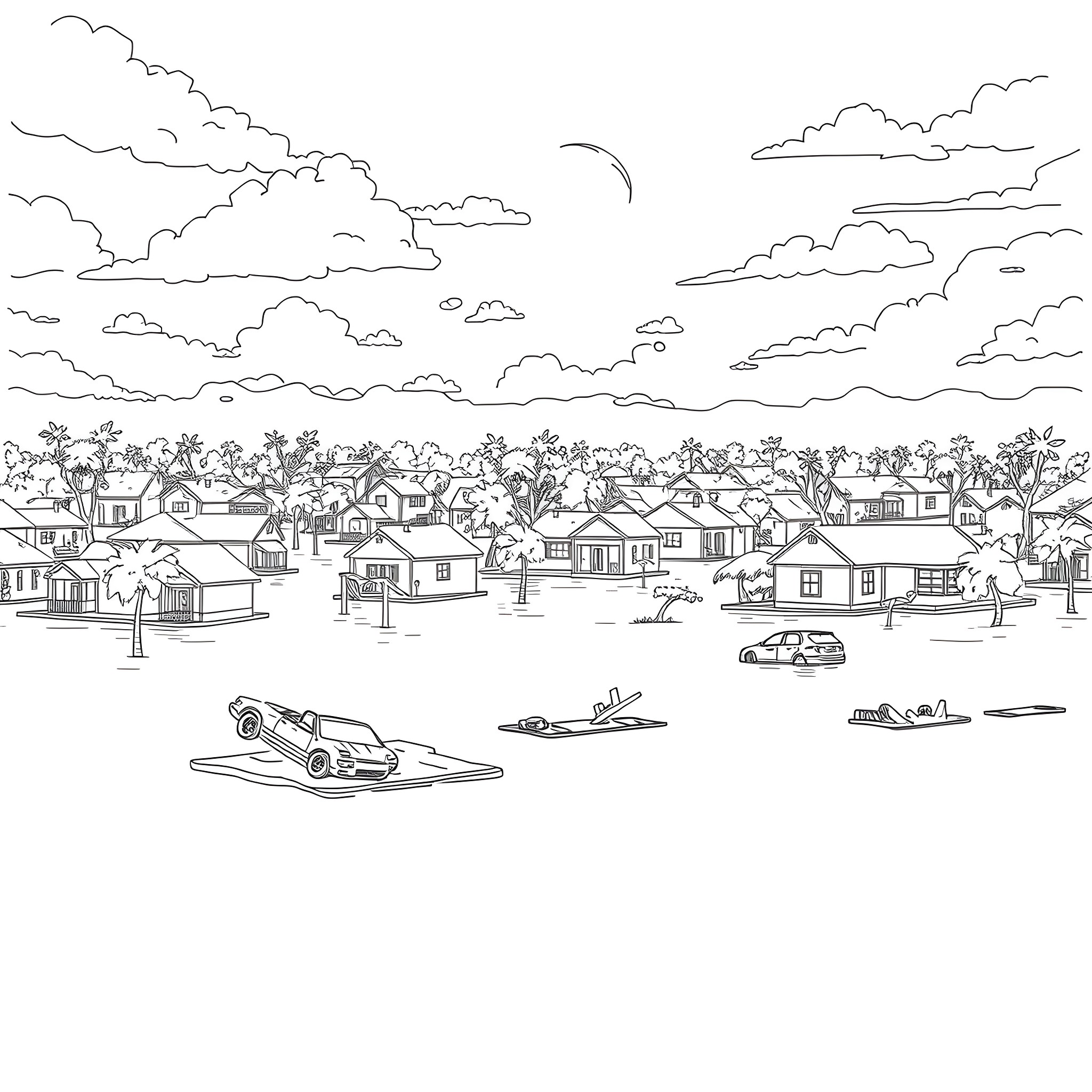House in a Peaceful Suburban Neighborhood Coloring Page (free black-and-white line drawing printable PDF for all, from beginners to advanced learners, including children, teens, adults, and seniors)
