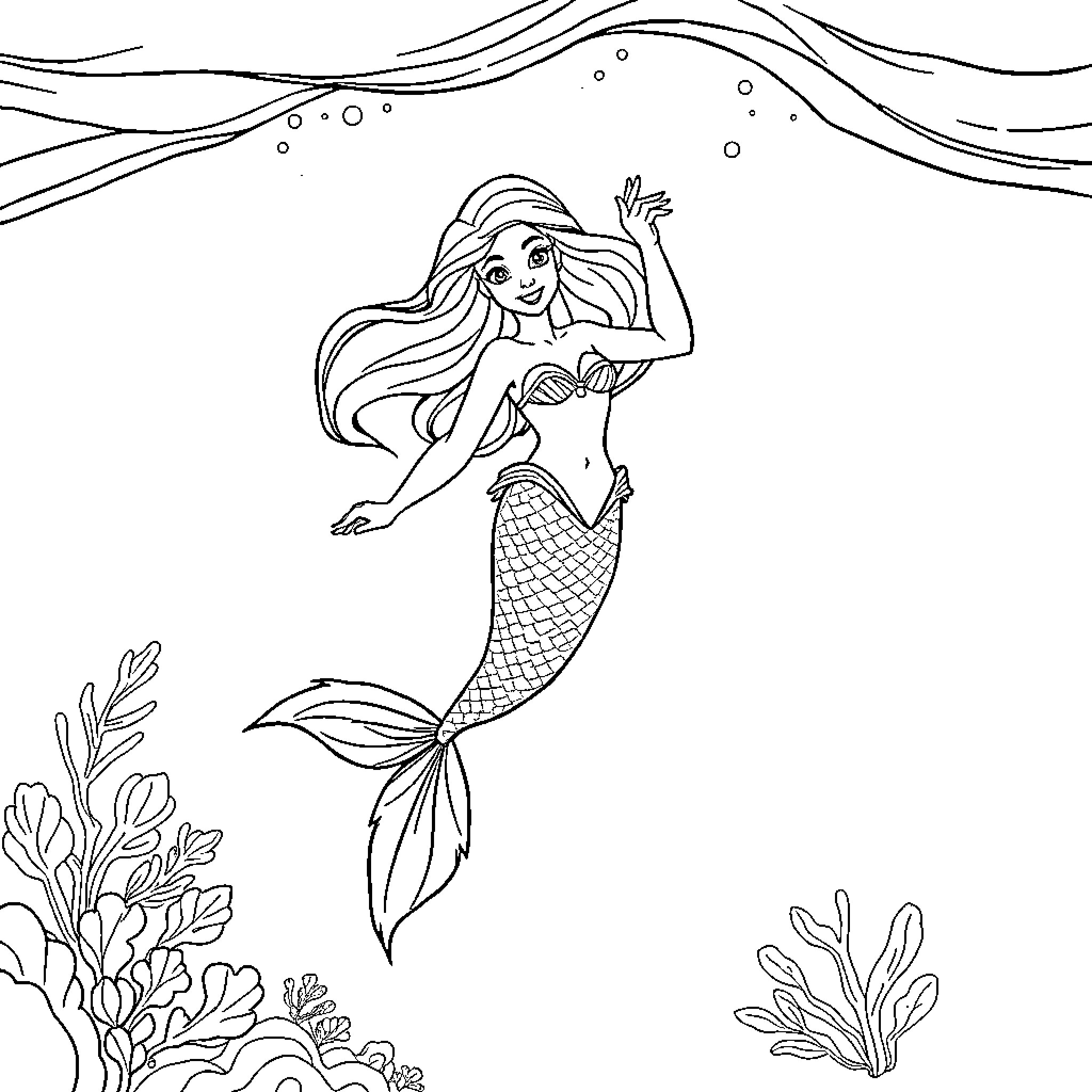 Ariel the Mermaid Exploring the Underwater World Coloring Page (free black-and-white line drawing printable PDF for all, from beginners to advanced learners, including children, teens, adults, and seniors)