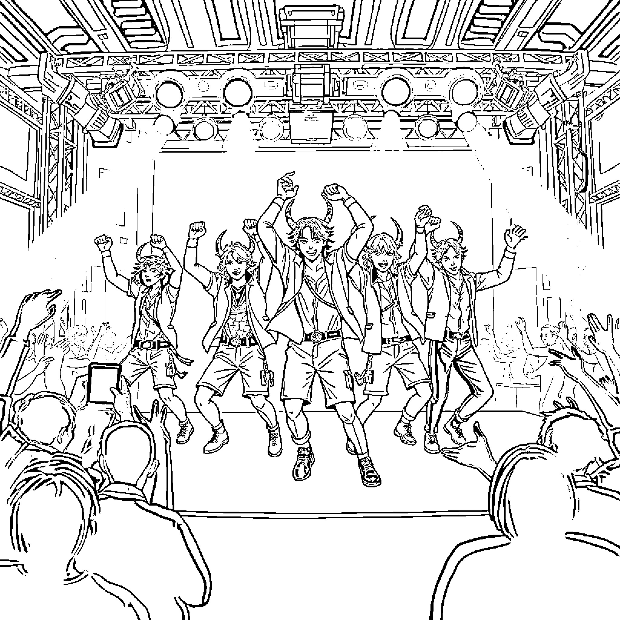 Demon Hunter band performing on a lively concert stage Coloring Page (free black-and-white line drawing printable PDF for all, from beginners to advanced learners, including children, teens, adults, and seniors)