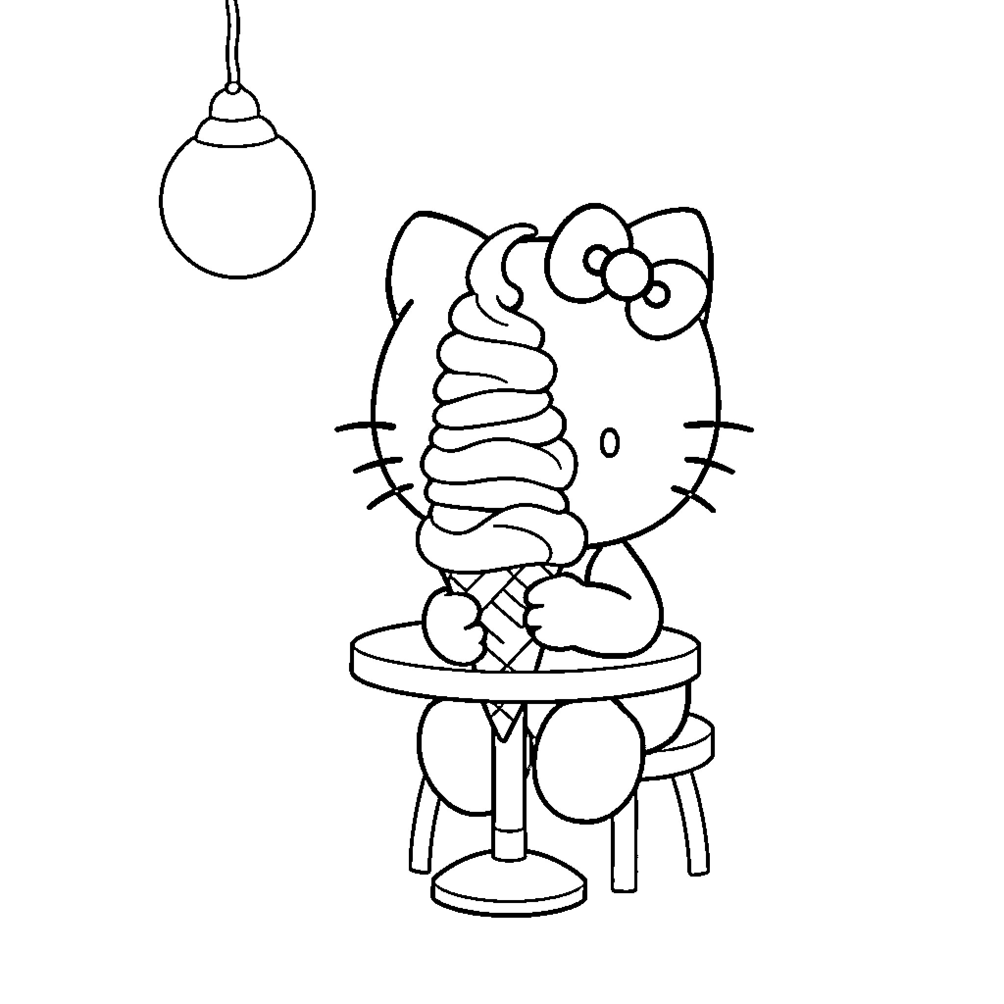 Hello Kitty enjoying a tasty ice cream treat Coloring Page (free black-and-white line drawing printable PDF for all, from beginners to advanced learners, including children, teens, adults, and seniors)