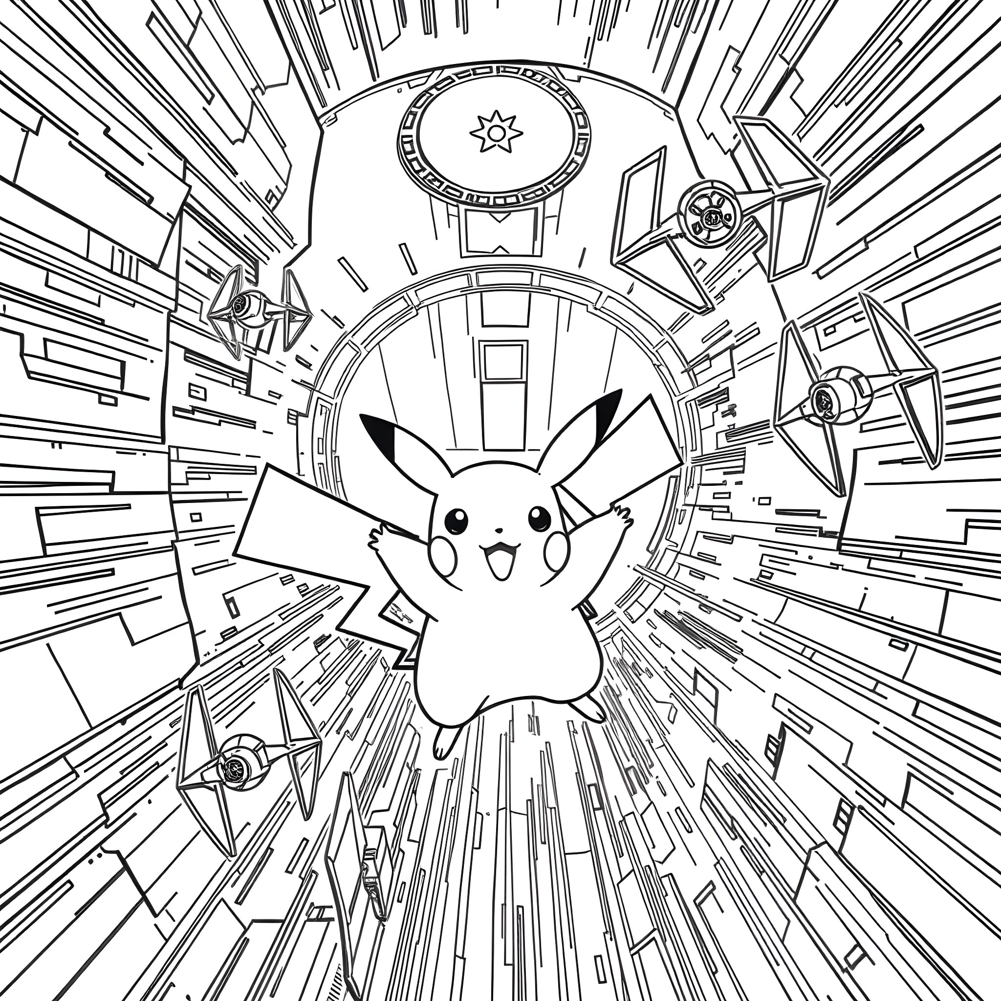 Pikachu exploring the futuristic sci-fi world Coloring Page (free black-and-white line drawing printable PDF for all, from beginners to advanced learners, including children, teens, adults, and seniors)