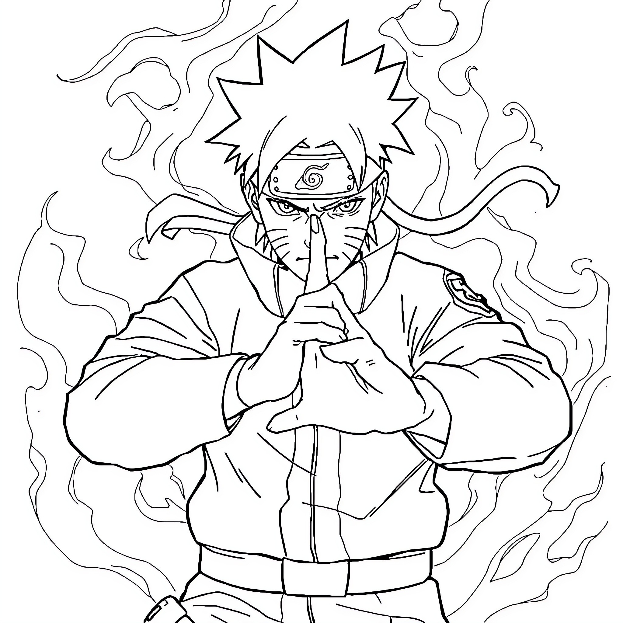 Naruto unleashing his powerful chakra in an intense moment Coloring Page (free black-and-white line drawing printable PDF for all, from beginners to advanced learners, including children, teens, adults, and seniors)