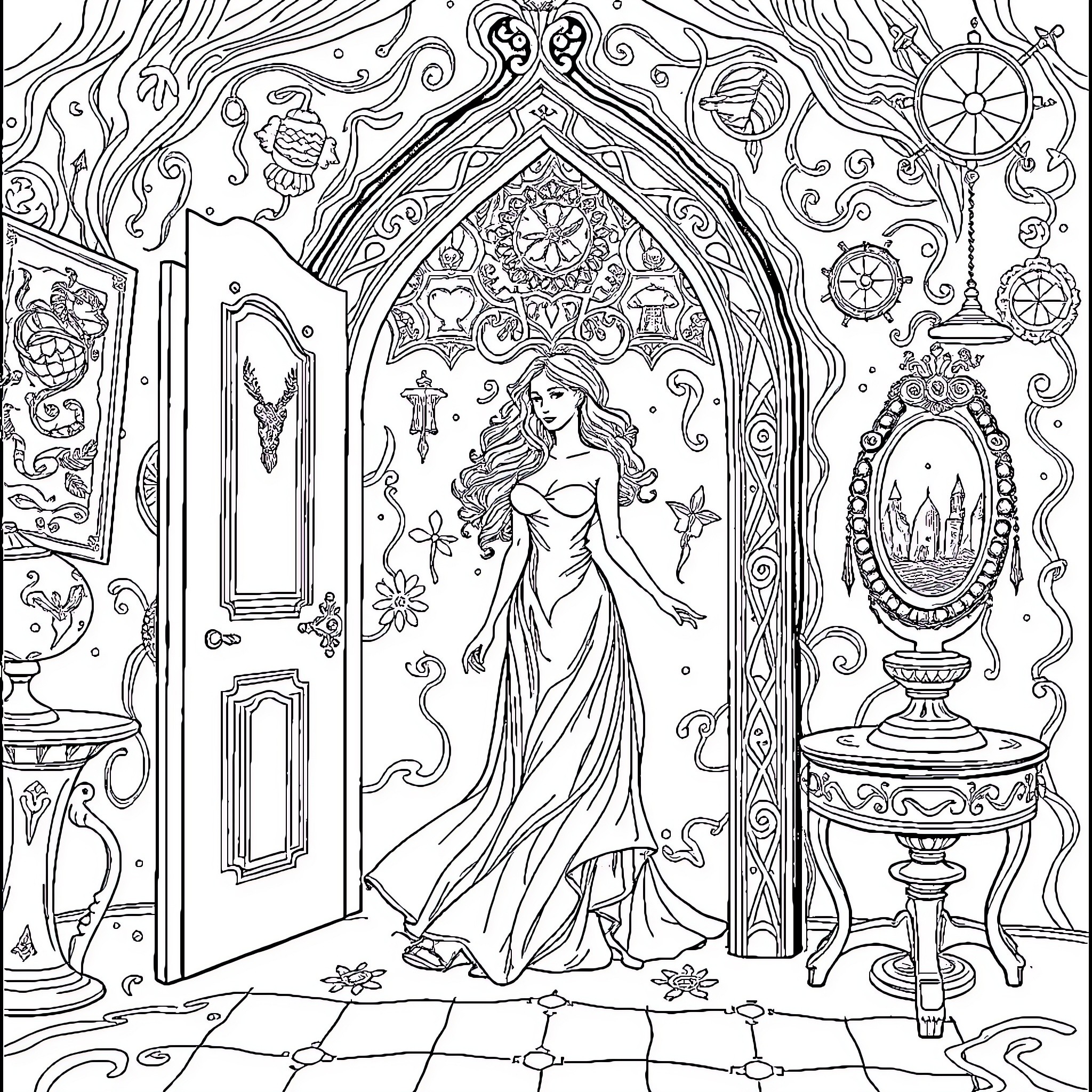 Woman in elegant dress within ornate Gothic architecture Coloring Page (free black-and-white line drawing printable PDF for all, from beginners to advanced learners, including children, teens, adults, and seniors)
