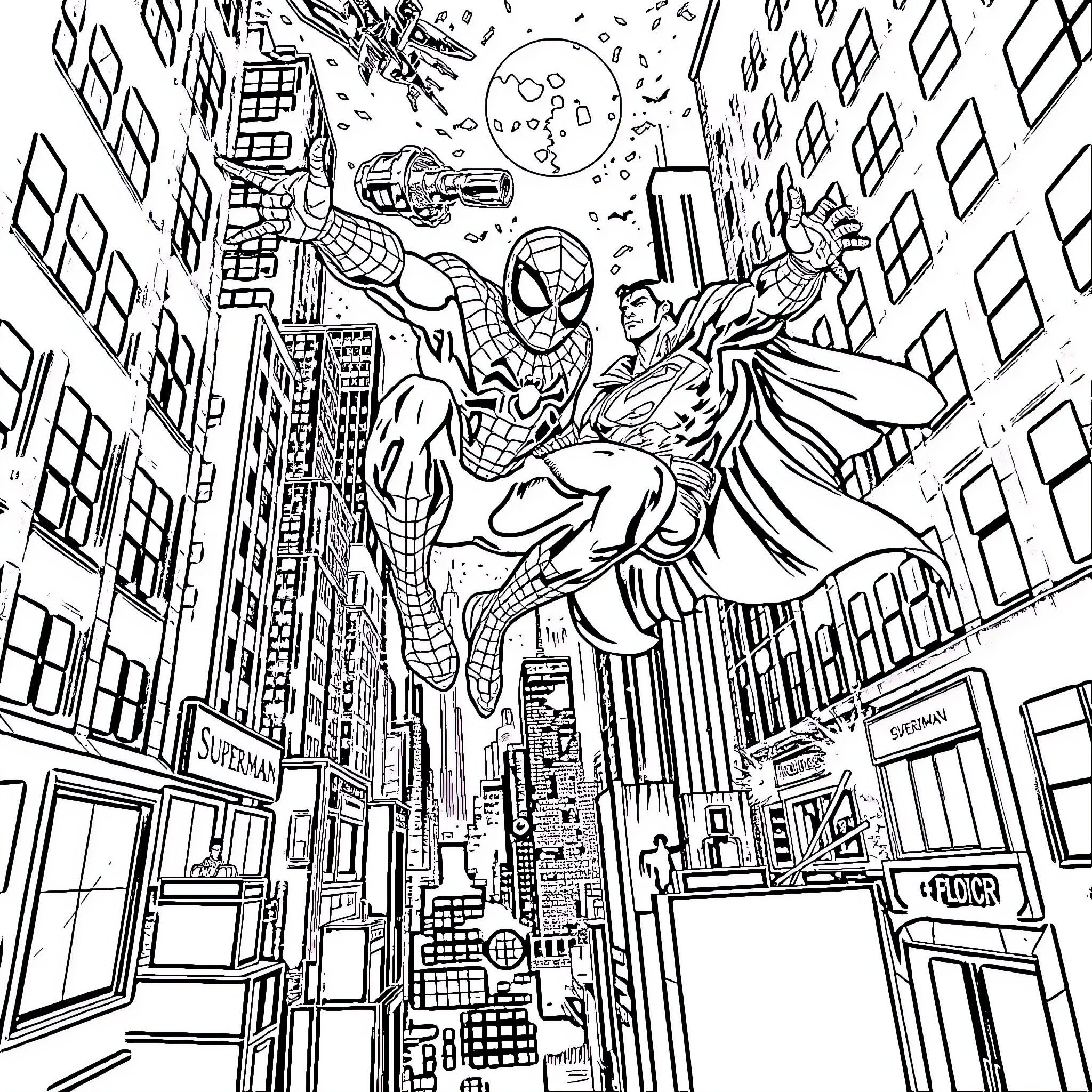Spider-Man and Batman fight crime in the city Coloring Page (free black-and-white line drawing printable PDF for all, from beginners to advanced learners, including children, teens, adults, and seniors)