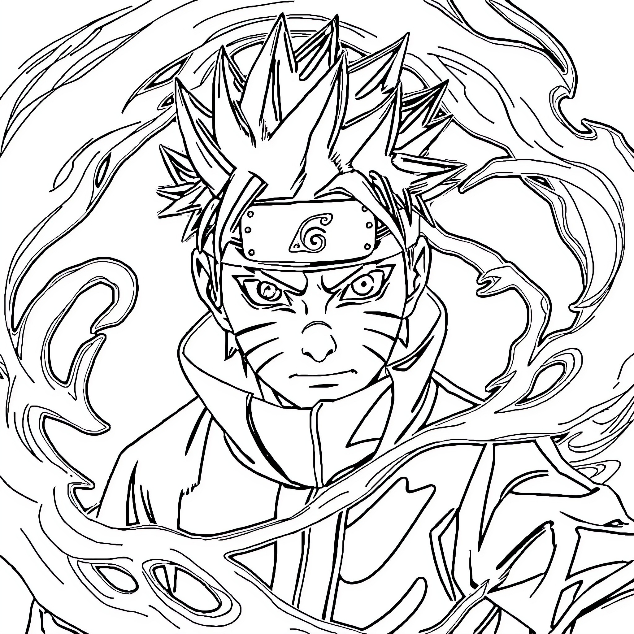 Naruto Uzumaki's Powerful Ninja Transformation Coloring Page (free black-and-white line drawing printable PDF for all, from beginners to advanced learners, including children, teens, adults, and seniors)