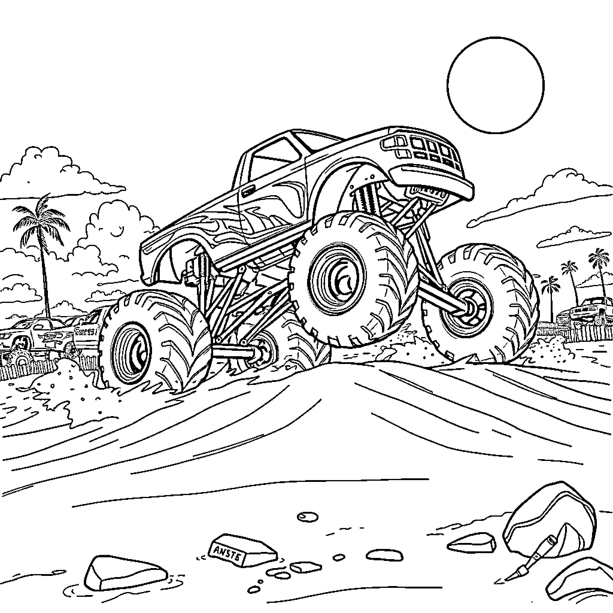 Monster truck crushing through rugged terrain Coloring Page (free black-and-white line drawing printable PDF for all, from beginners to advanced learners, including children, teens, adults, and seniors)