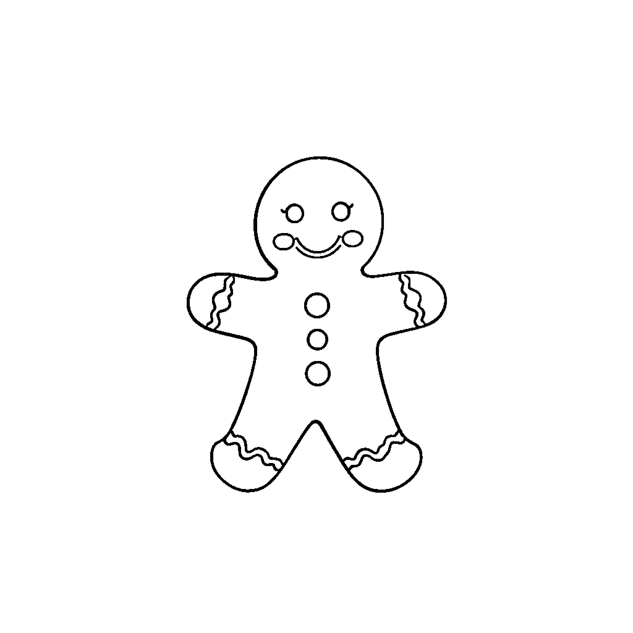 Gingerbread cookie character outline Coloring Page (free black-and-white line drawing printable PDF for all, from beginners to advanced learners, including children, teens, adults, and seniors)