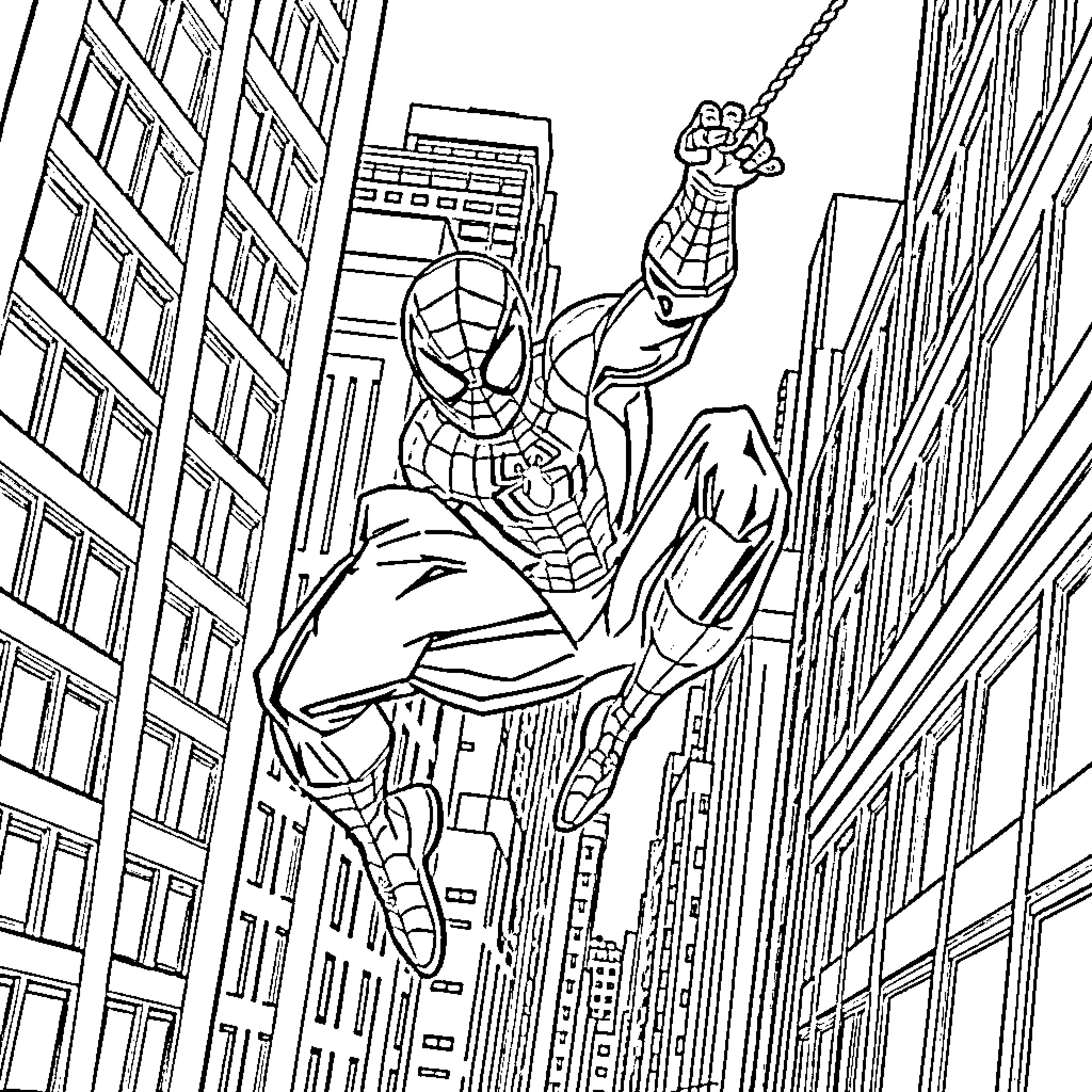 Spider-Man swinging through the city Coloring Page (free black-and-white line drawing printable PDF for all, from beginners to advanced learners, including children, teens, adults, and seniors)