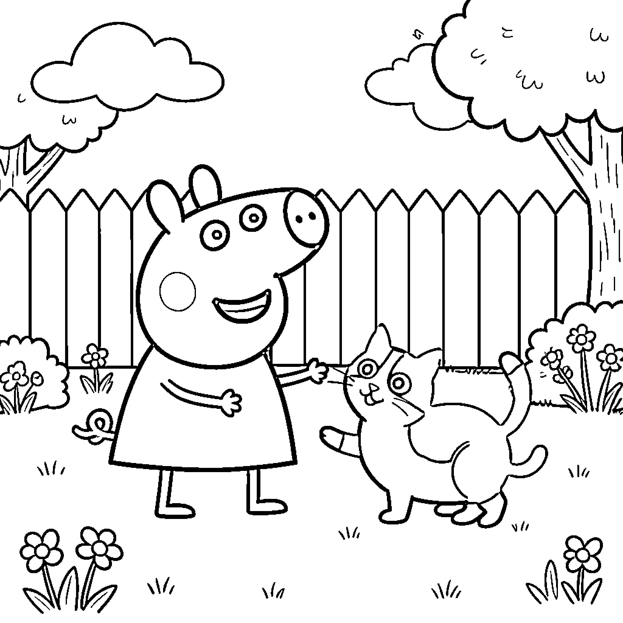 Peppa Pig smiling and playing with a cat Coloring Page (free black-and-white line drawing printable PDF for all, from beginners to advanced learners, including children, teens, adults, and seniors)