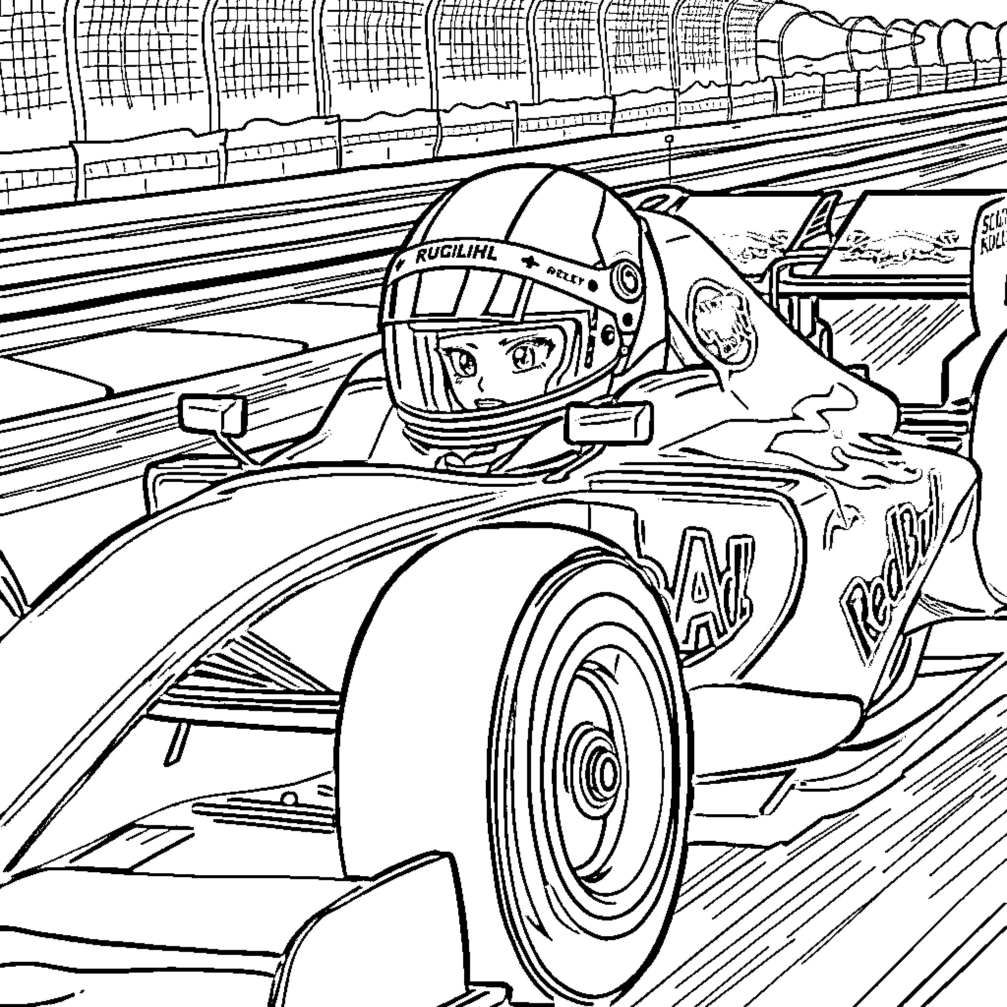 Kuromi racing in high-speed racecar on track Coloring Page (free black-and-white line drawing printable PDF for all, from beginners to advanced learners, including children, teens, adults, and seniors)