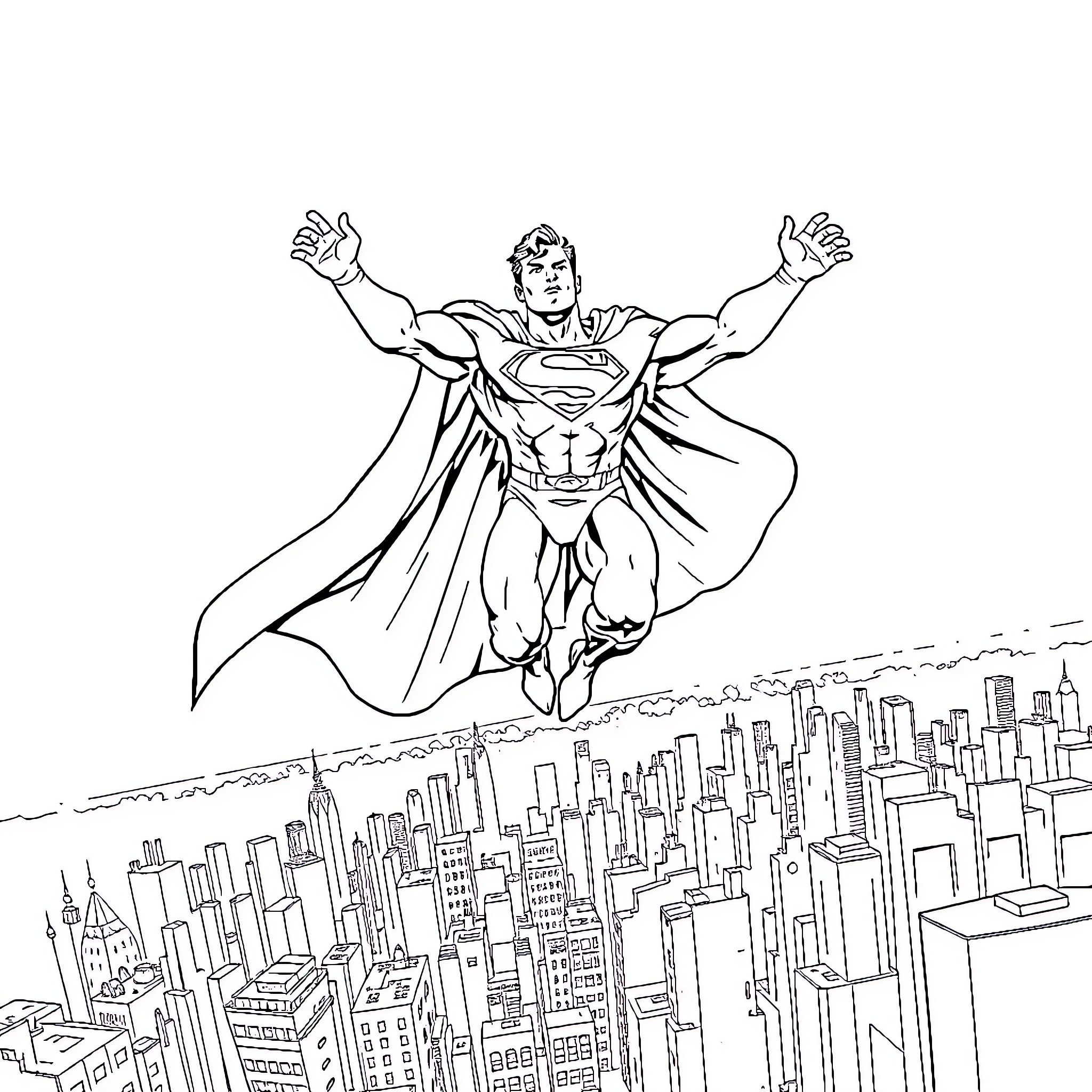 Superman soaring over the city skyline Coloring Page (free black-and-white line drawing printable PDF for all, from beginners to advanced learners, including children, teens, adults, and seniors)