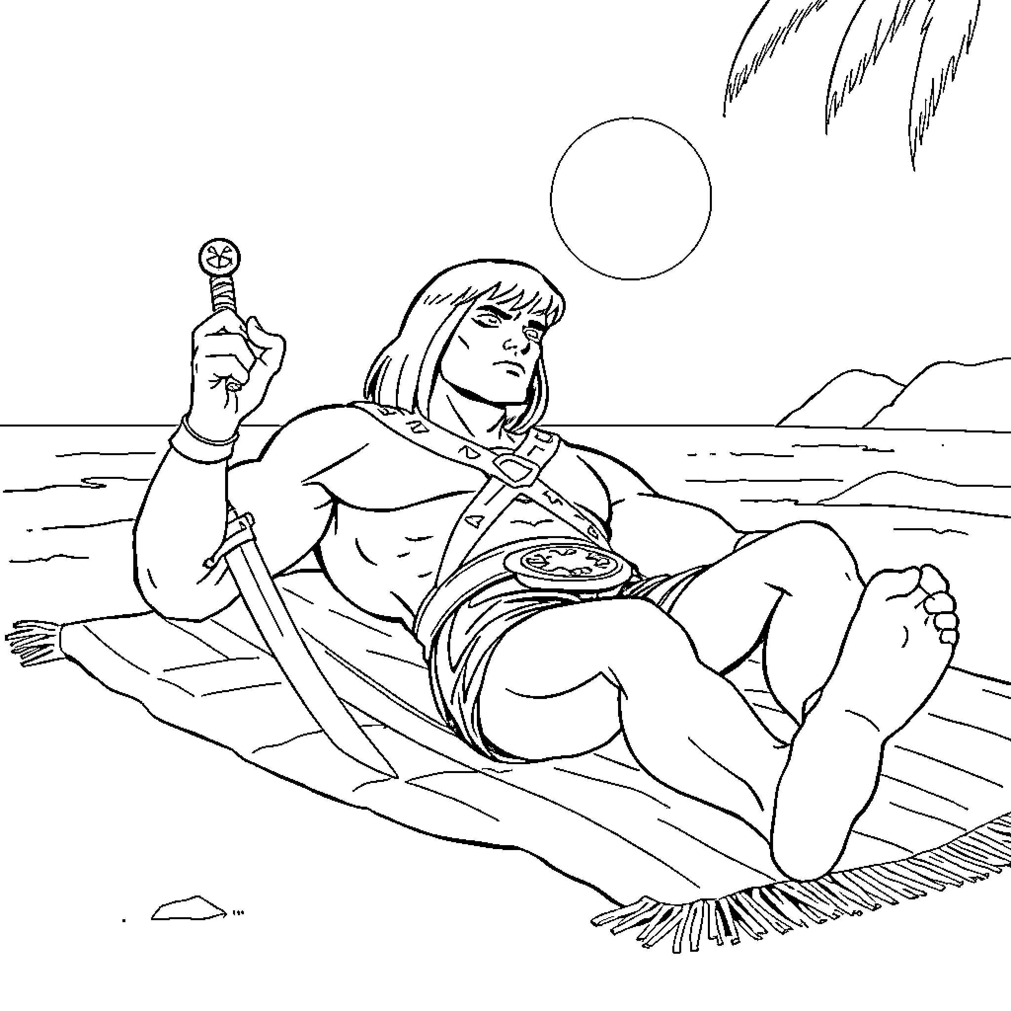 He-Man relaxing on the beach with his sword Coloring Page (free black-and-white line drawing printable PDF for all, from beginners to advanced learners, including children, teens, adults, and seniors)