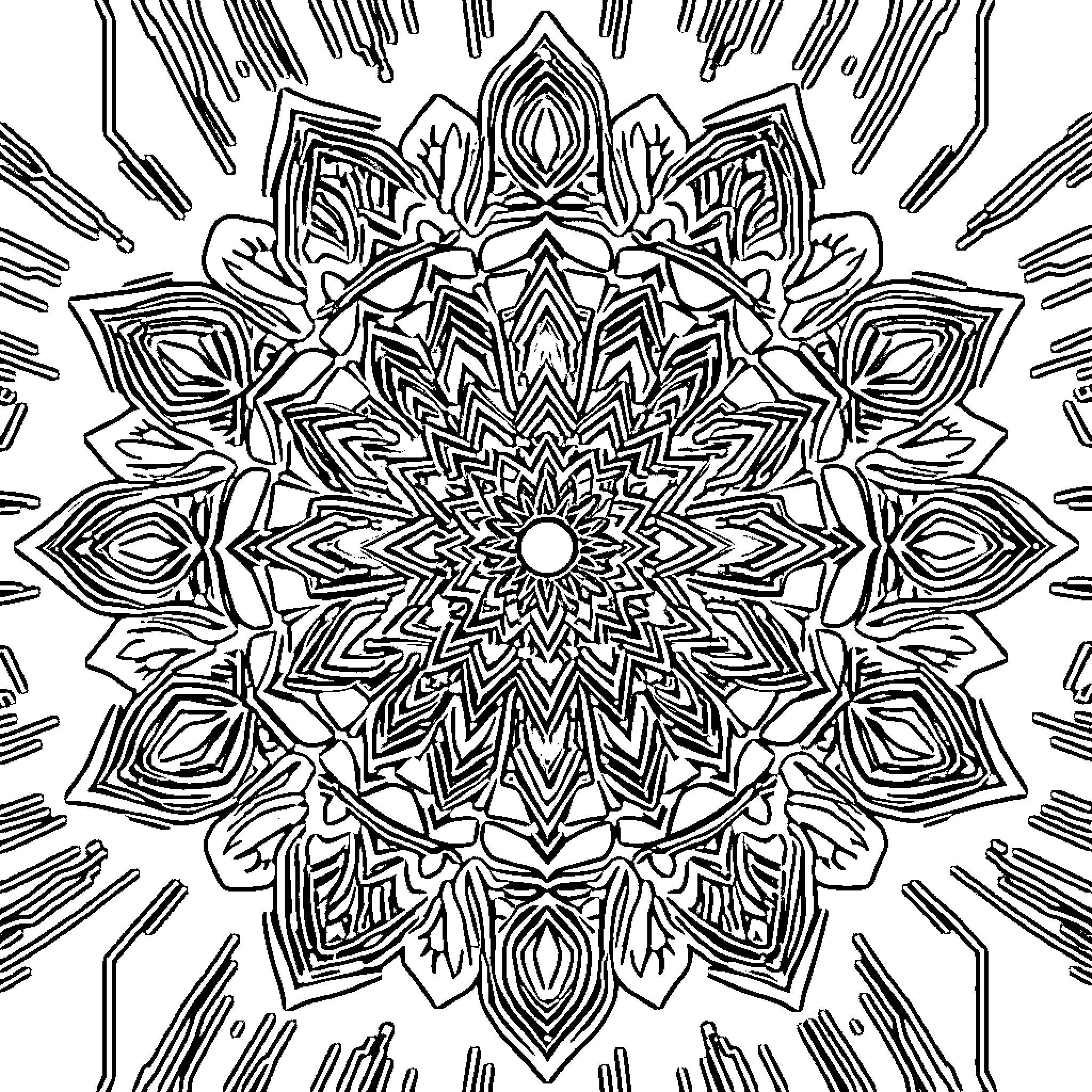 Mandala of intricate geometric patterns Coloring Page (free black-and-white line drawing printable PDF for all, from beginners to advanced learners, including children, teens, adults, and seniors)