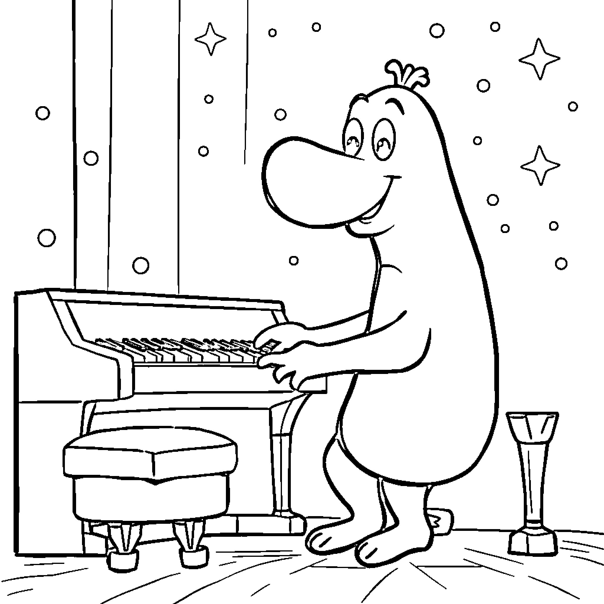 Sausage playing piano on stage Coloring Page (free black-and-white line drawing printable PDF for all, from beginners to advanced learners, including children, teens, adults, and seniors)