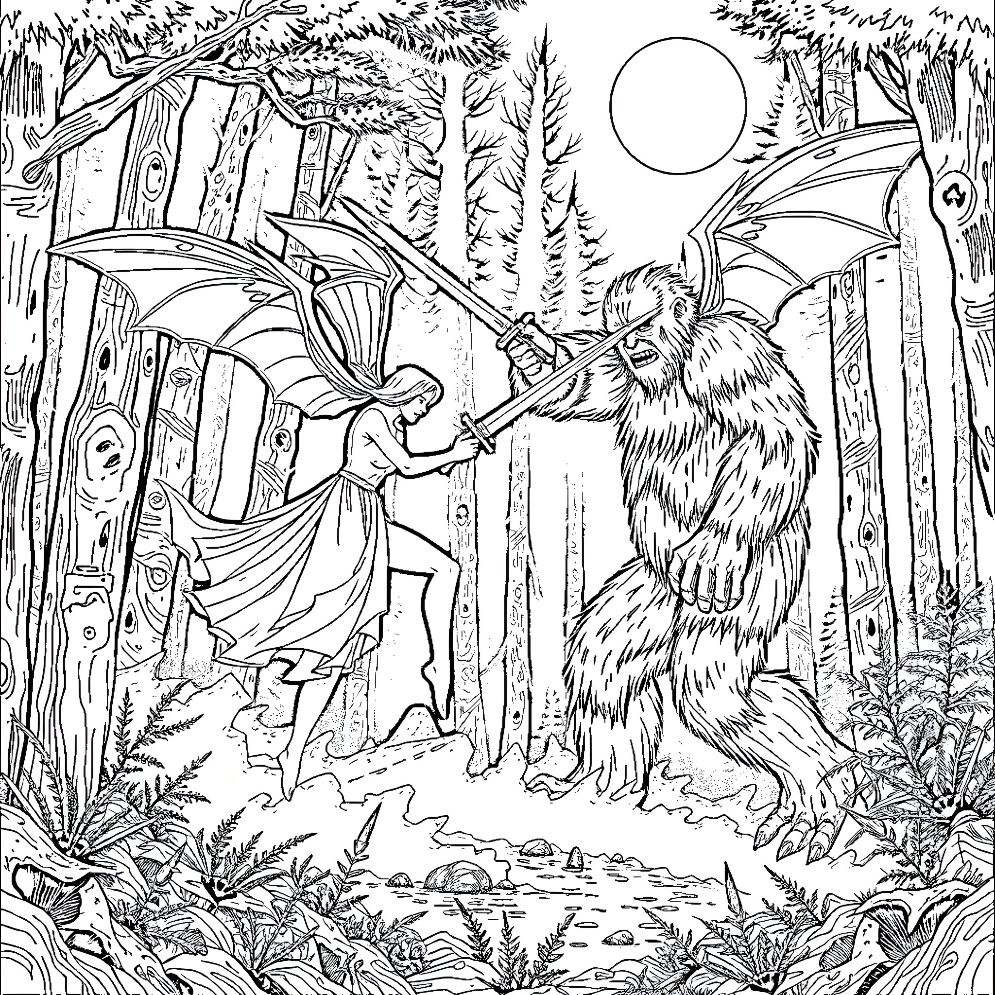Mothman and Mysterious Creature in Enchanted Forest Coloring Page (free black-and-white line drawing printable PDF for all, from beginners to advanced learners, including children, teens, adults, and seniors)