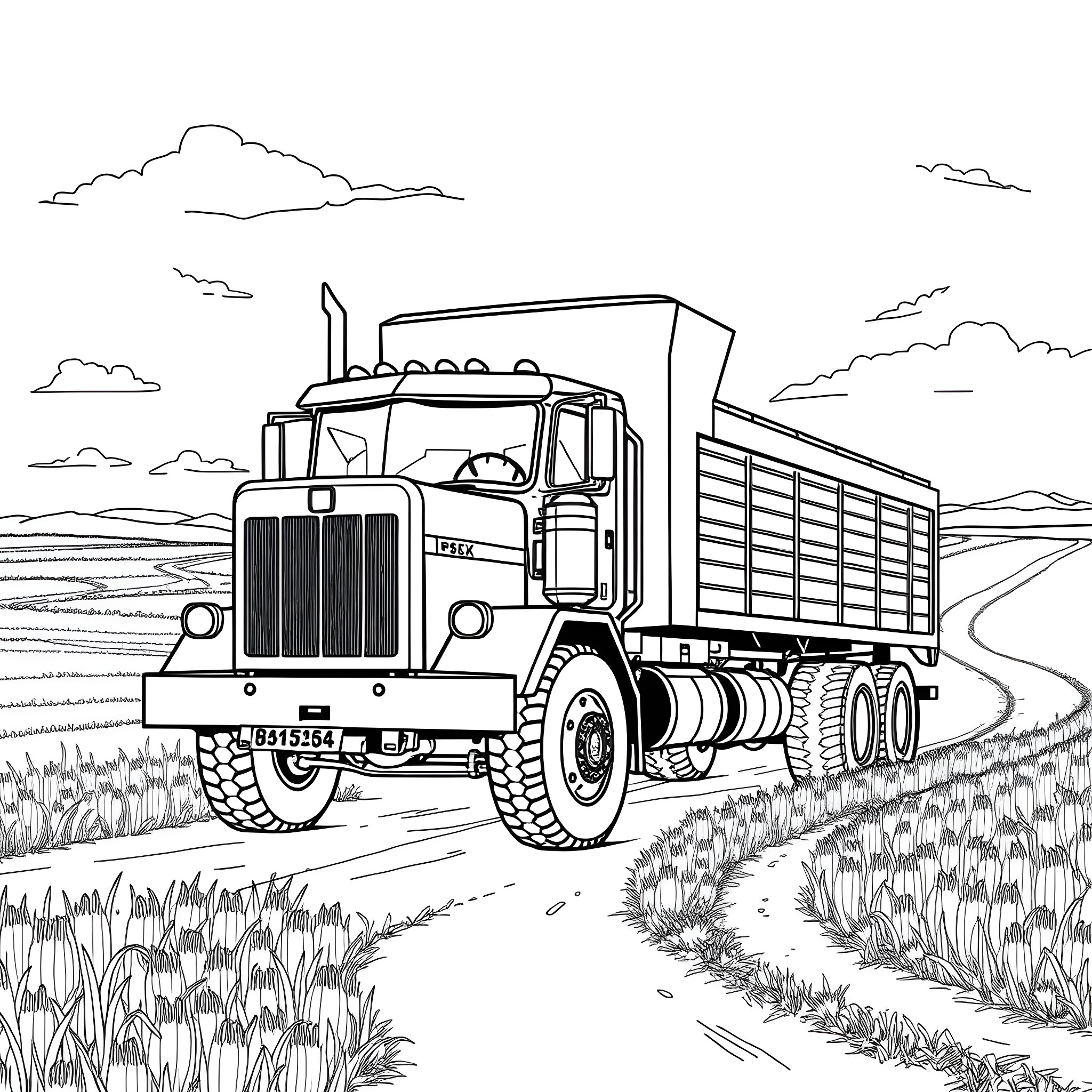 Grain Truck transporting wheat on country road Coloring Page (free black-and-white line drawing printable PDF for all, from beginners to advanced learners, including children, teens, adults, and seniors)
