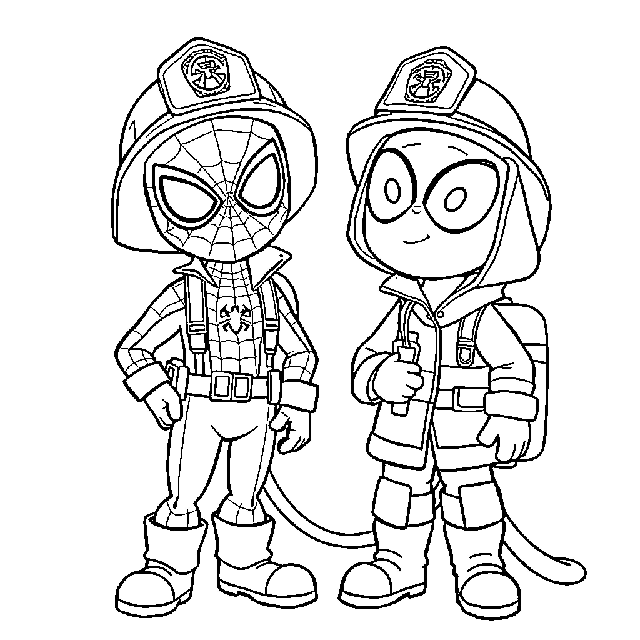 Firefighter Superheroes in Action Coloring Page (free black-and-white line drawing printable PDF for all, from beginners to advanced learners, including children, teens, adults, and seniors)