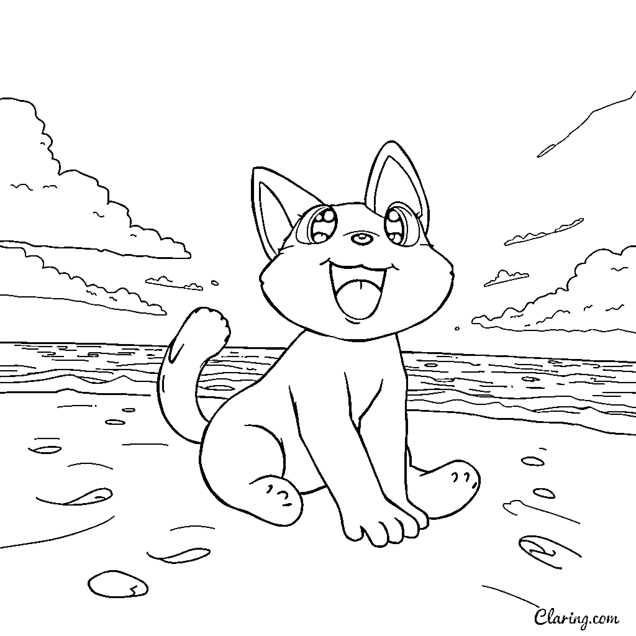 Kuromi enjoying the beach scenery Coloring Page (free black-and-white line drawing printable PDF for all, from beginners to advanced learners, including children, teens, adults, and seniors)
