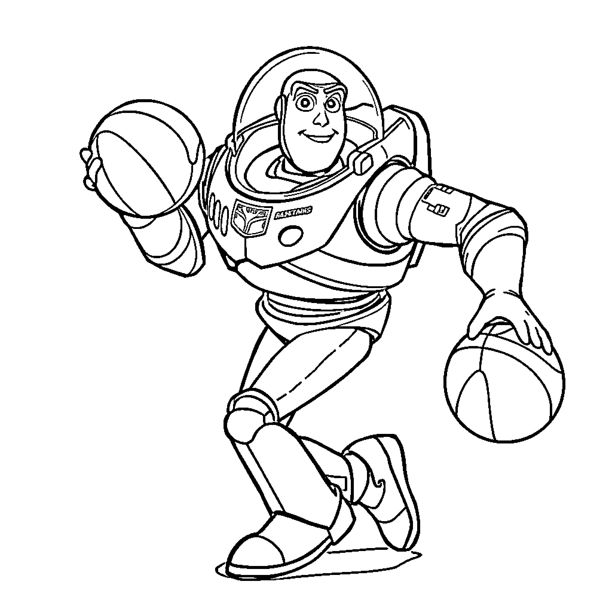 Buzz Lightyear playing with basketball in space Coloring Page (free black-and-white line drawing printable PDF for all, from beginners to advanced learners, including children, teens, adults, and seniors)