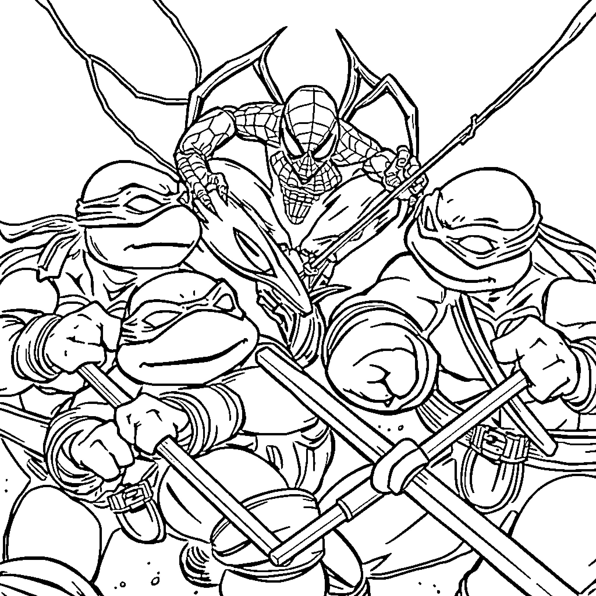 Ninja Turtles in epic battle with Spider-Man Coloring Page (free black-and-white line drawing printable PDF for all, from beginners to advanced learners, including children, teens, adults, and seniors)