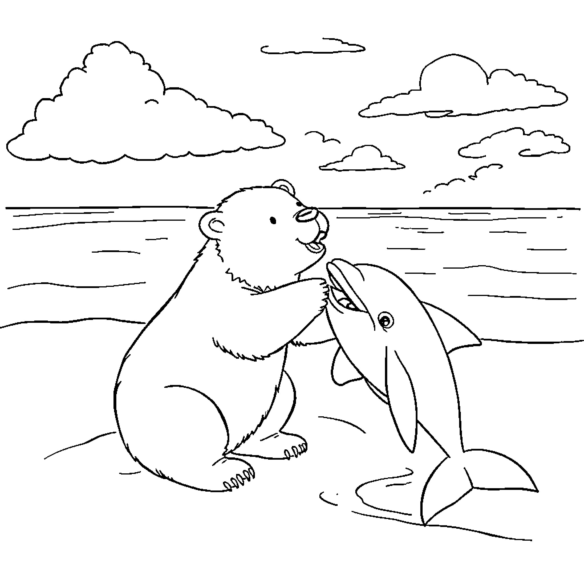 Polar Bear interacting with friendly dolphin Coloring Page (free black-and-white line drawing printable PDF for all, from beginners to advanced learners, including children, teens, adults, and seniors)