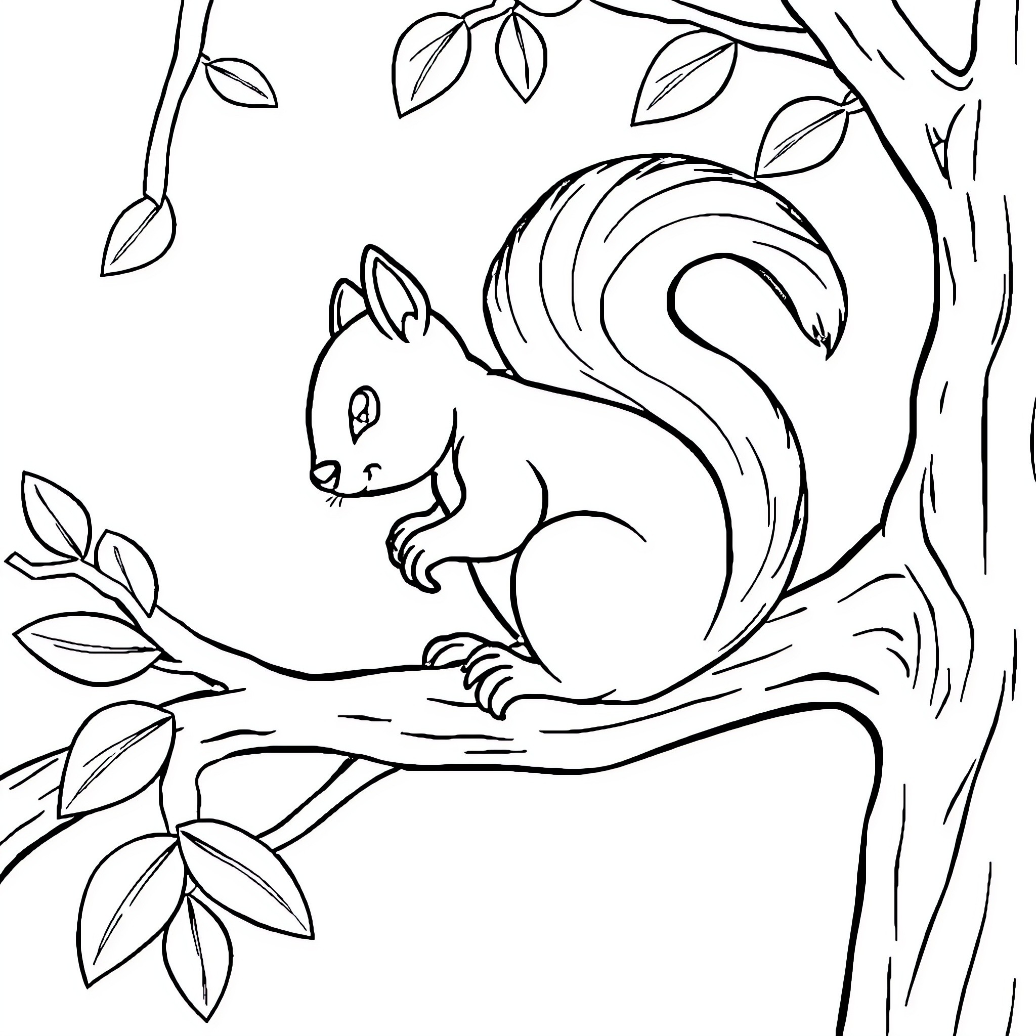 Squirrel sitting on tree branch Coloring Page (free black-and-white line drawing printable PDF for all, from beginners to advanced learners, including children, teens, adults, and seniors)