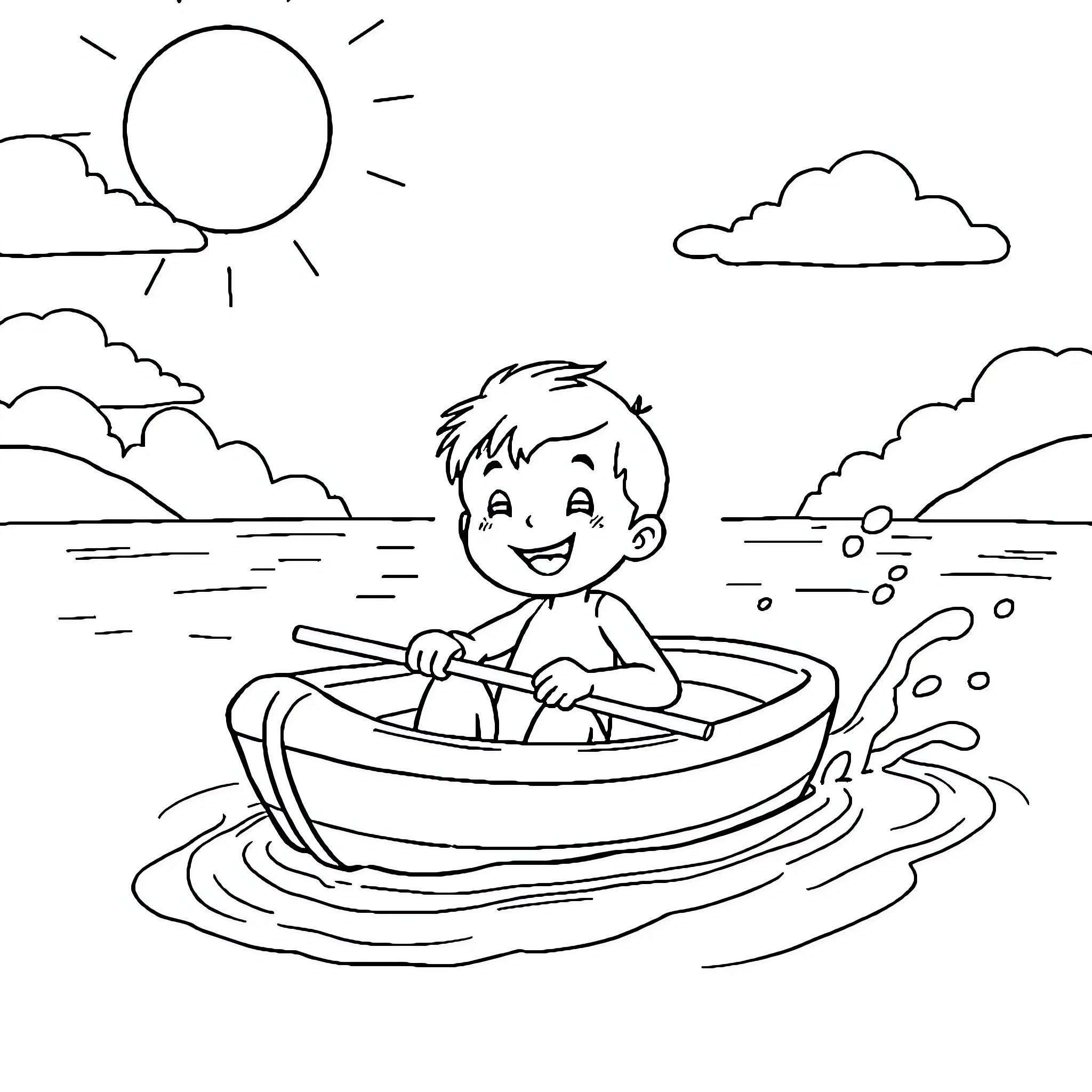 Boat with happy child sailing on the lake Coloring Page (free black-and-white line drawing printable PDF for all, from beginners to advanced learners, including children, teens, adults, and seniors)
