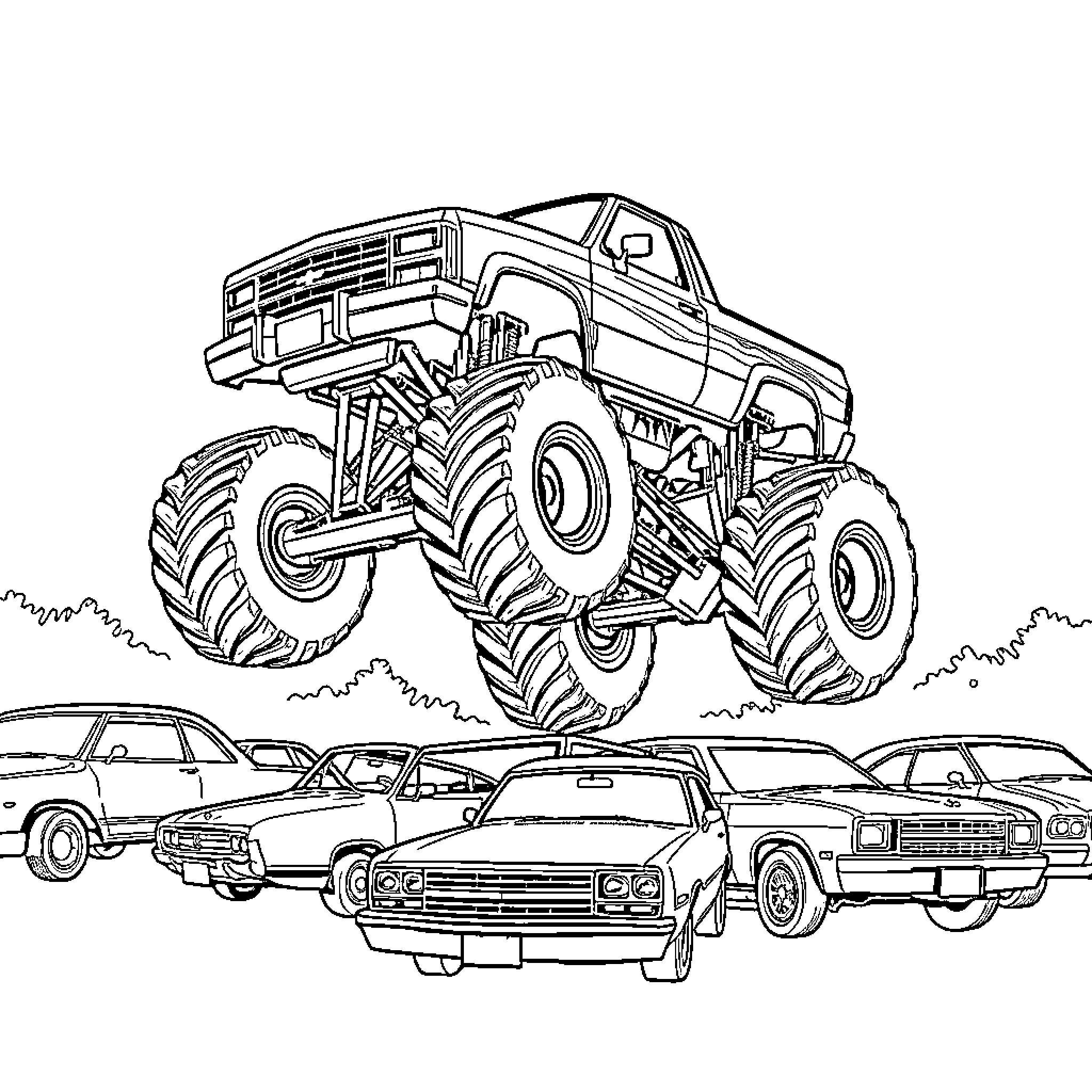 Monster Truck crushing regular cars in the city Coloring Page (free black-and-white line drawing printable PDF for all, from beginners to advanced learners, including children, teens, adults, and seniors)