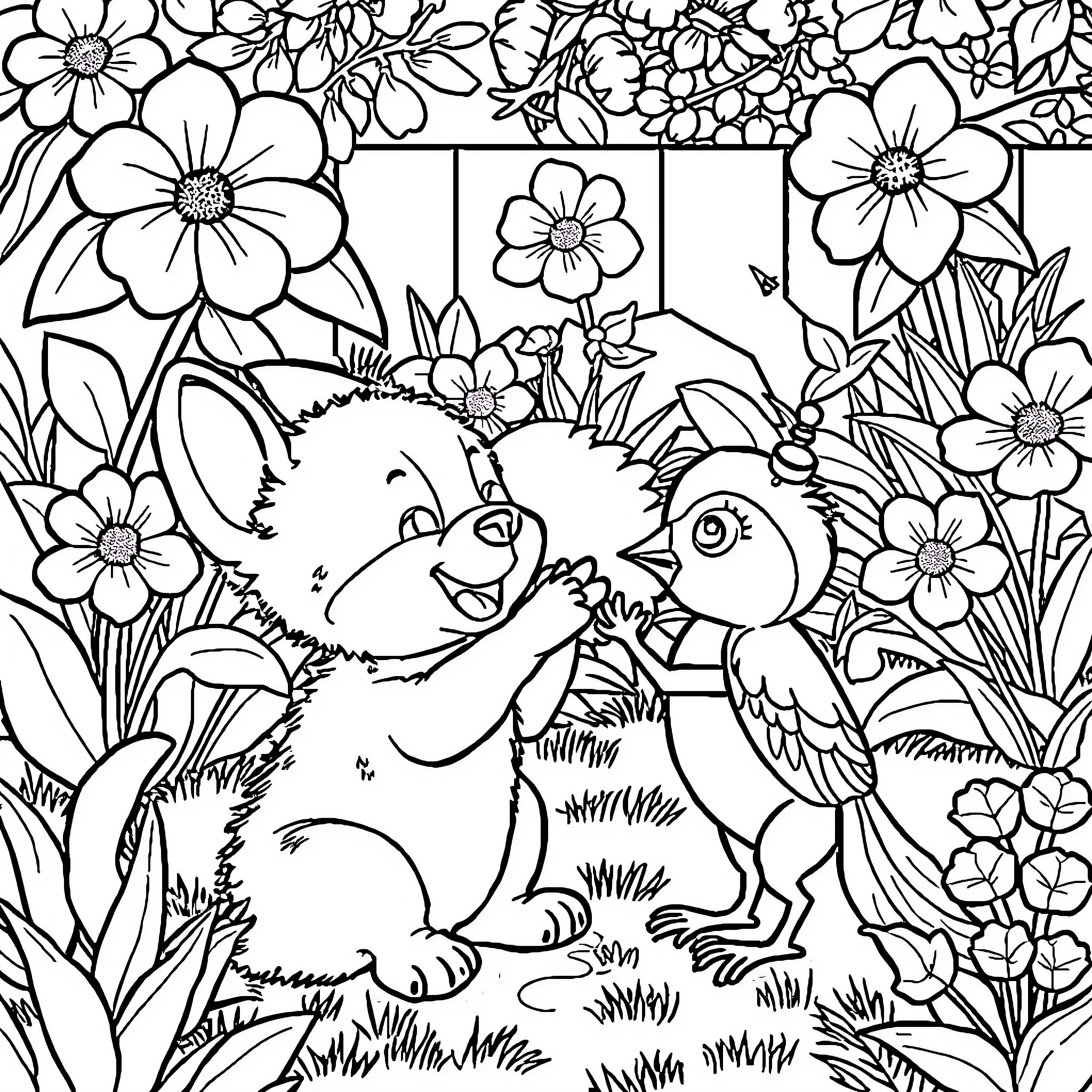 Chien playing with a bird in a floral garden Coloring Page (free black-and-white line drawing printable PDF for all, from beginners to advanced learners, including children, teens, adults, and seniors)