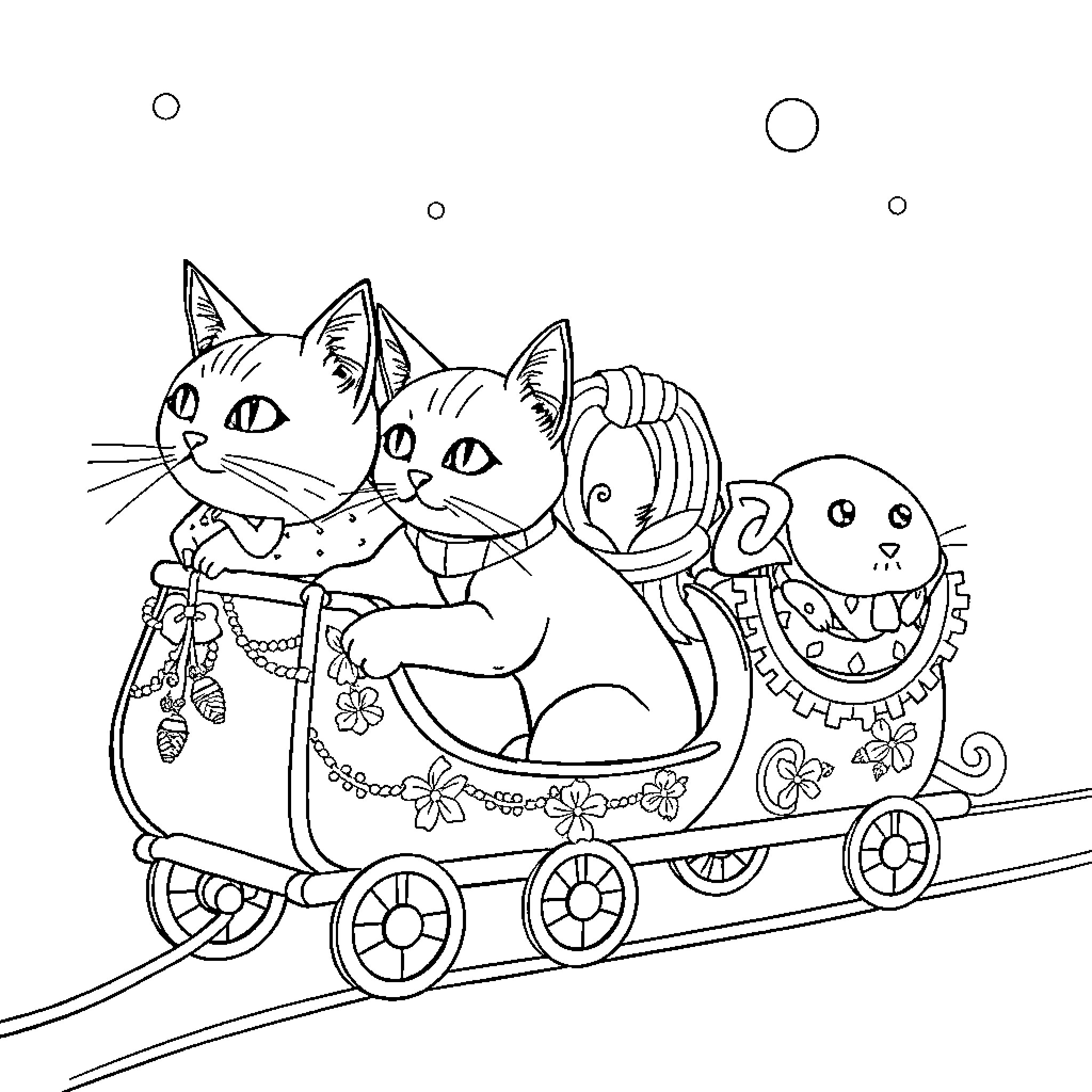 Cats riding a decorative wagon with fantasy elements Coloring Page (free black-and-white line drawing printable PDF for all, from beginners to advanced learners, including children, teens, adults, and seniors)