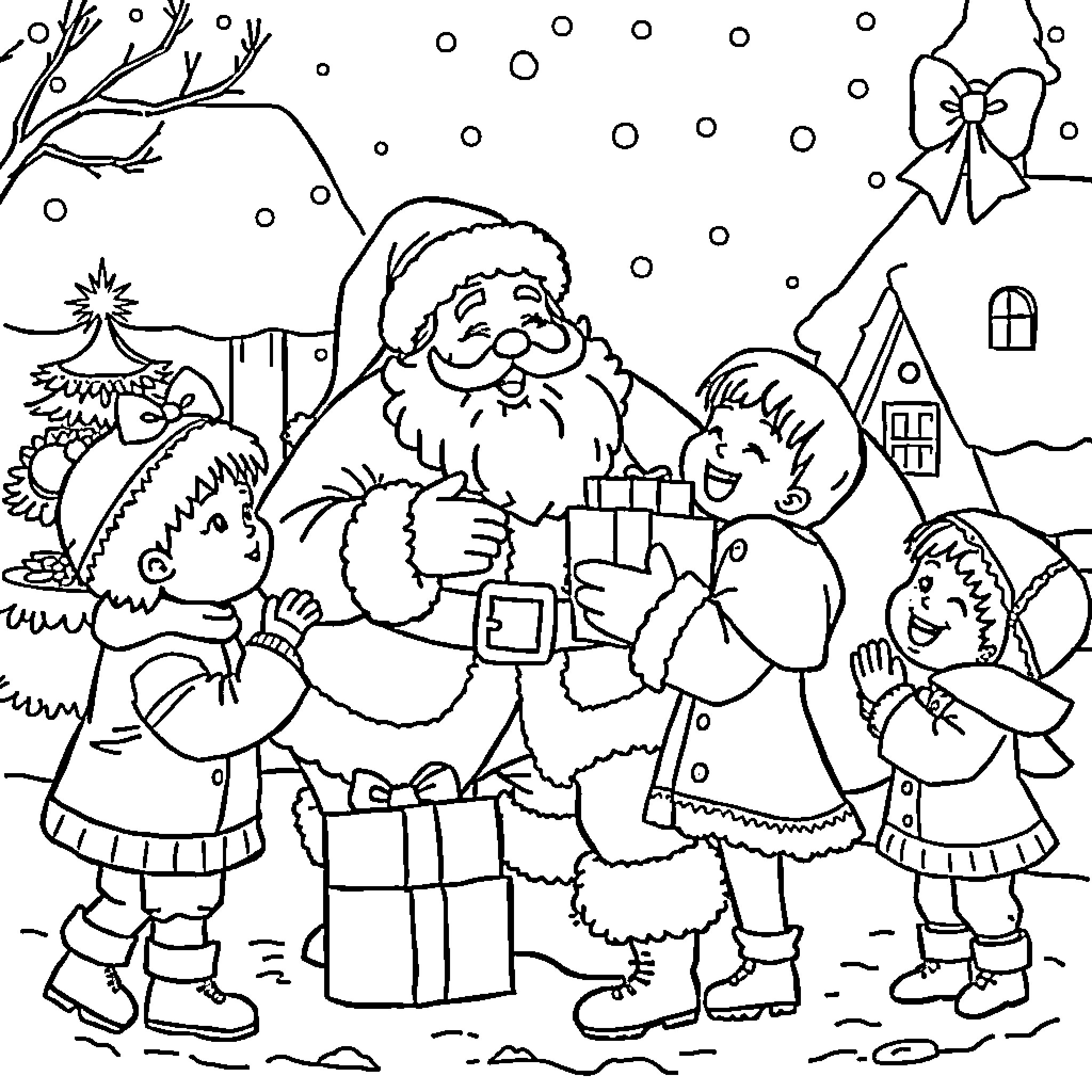 Santa Claus Giving Gifts to Children in Winter Scene Coloring Page (free black-and-white line drawing printable PDF for all, from beginners to advanced learners, including children, teens, adults, and seniors)